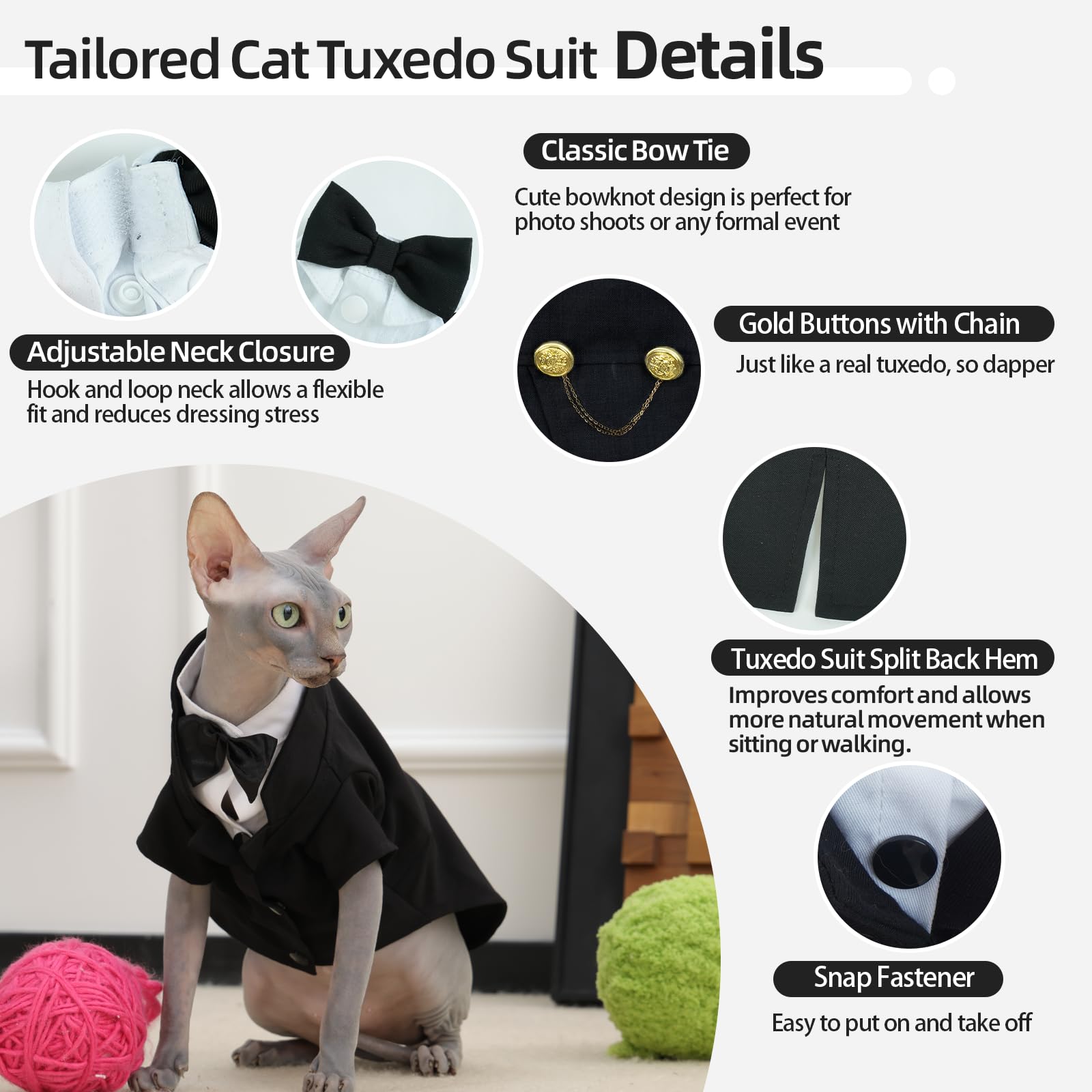 QBLEEV Cat Tuxedo Suit, Sphynx Cat Tuxedo Outfit Costume with Bow Tie, Cat  Halloween Costumes for Cats Only, Kitten Formal Attire Wedding Birthday  Onesie Clothes for Male Girl Hairless Cats : Amazon.in: