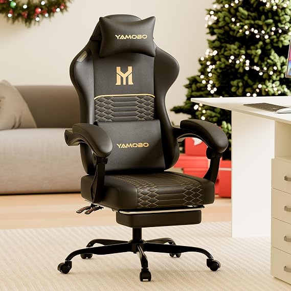 Gaming Chair with Footrest, Ergonomic Video Game Chair with Adjustable Lumbar and Headrest Massage Support,PU Leather High Back Recliner Comfortable for Office, Game and Study, Black
