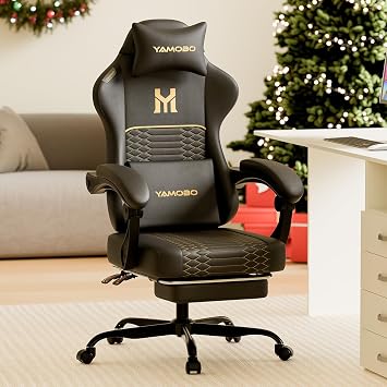 Gaming Chair with Footrest, Ergonomic Video Game Chair with Adjustable Lumbar and Headrest Massage Support,PU Leather High Back Recliner Comfortable for Office, Game and Study, Black