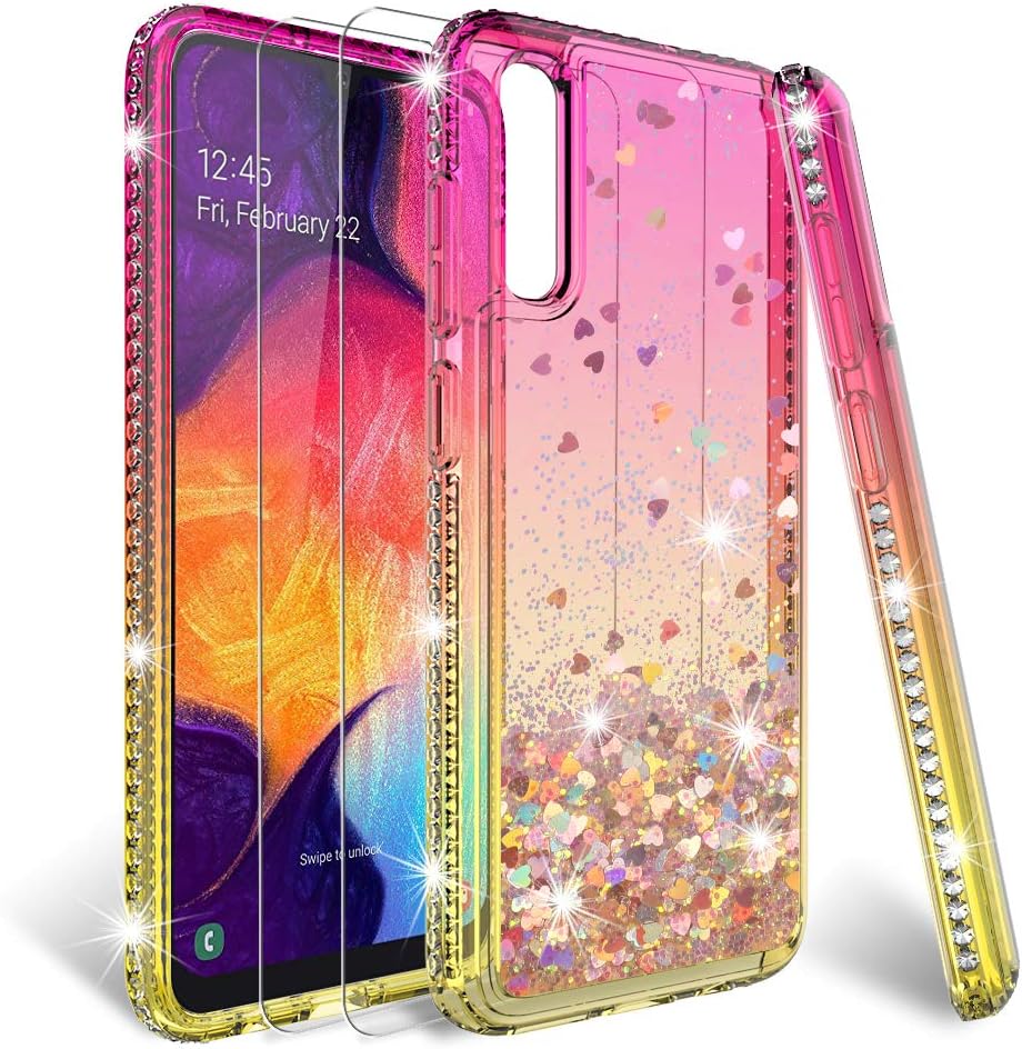 HATOSHI Samsung Galaxy A50 Case with Screen Protector Tempered Glass 2 Pack for Girls Women, Liquid Glitter Quicksand Sparkle Bling Clear Cute Protective Phone Case Cover -Pink, Gold