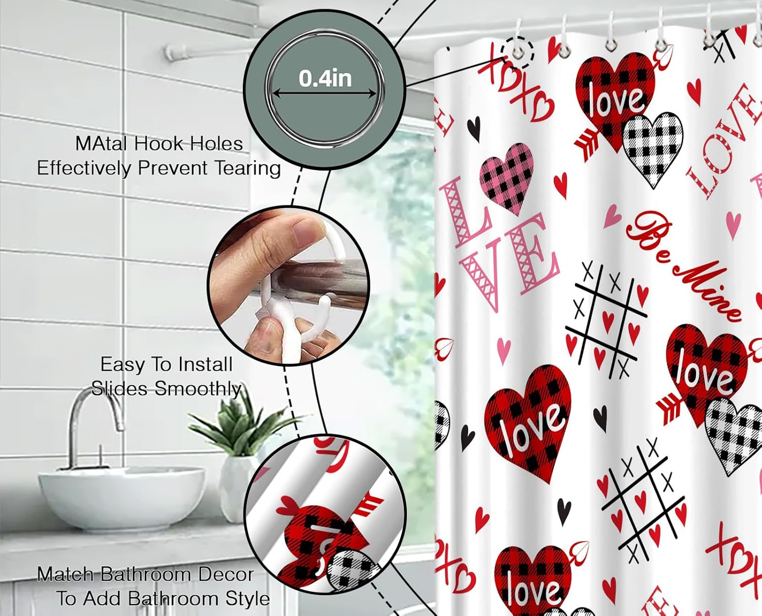 Valentines Extra Long Shower Curtain,Heart Love Checkered Plaid Pink Red Modern Bathroom Home Curtain Decor with Hooks,70x78 Inch