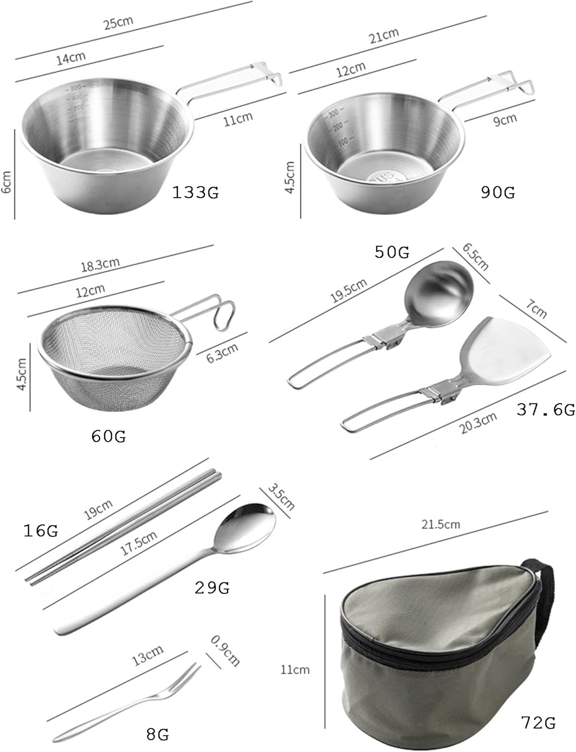 Stainless Steel Camping Tableware Kit with Bowls Strainer Spatula Spoon Chopsticks Storage Bag for Hiking Picnic