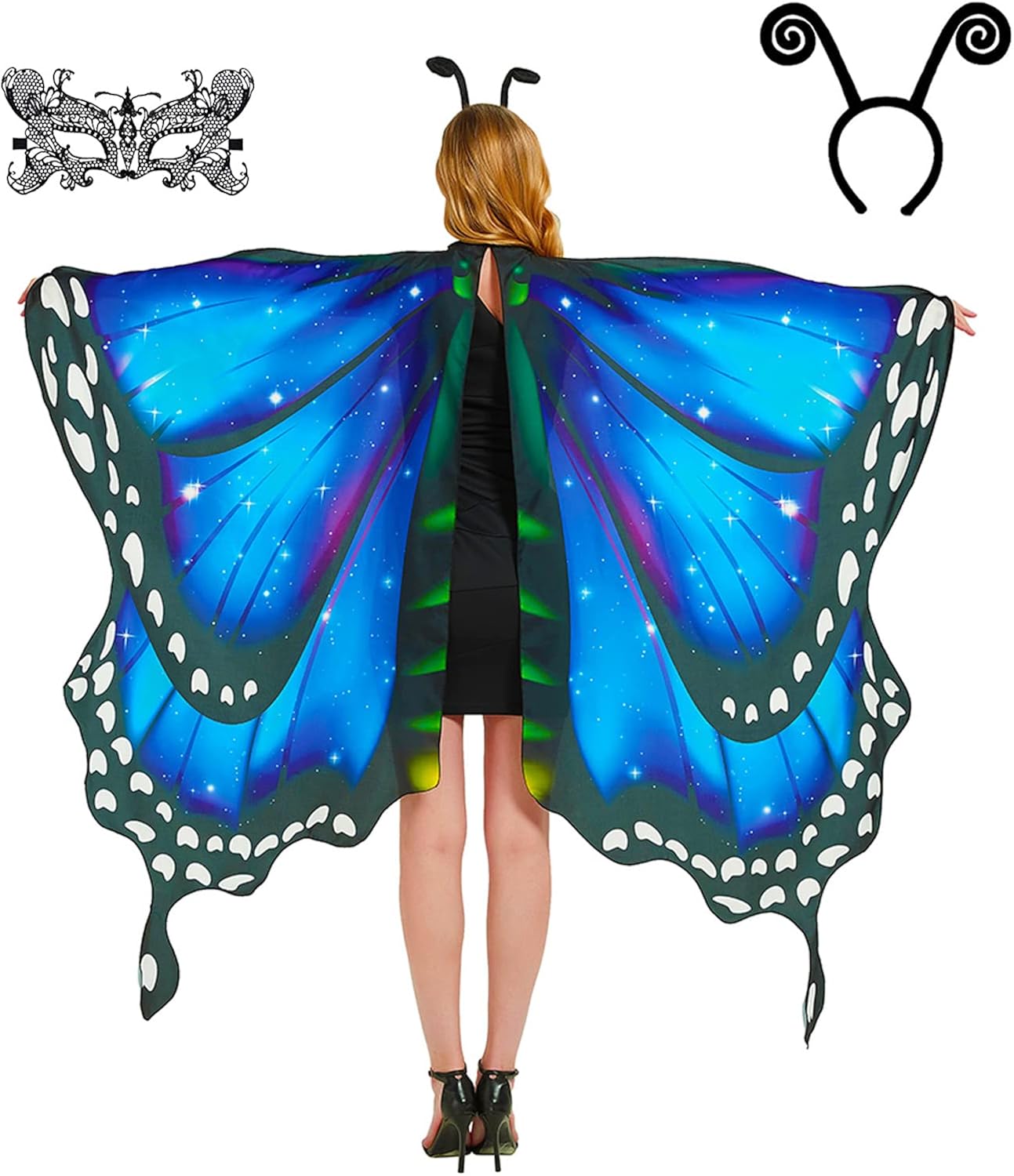 Disfraz de alas de mariposa para mujer, alas de hada, disfraz de Halloween, capa de mariposa con máscara y diadema de antenas