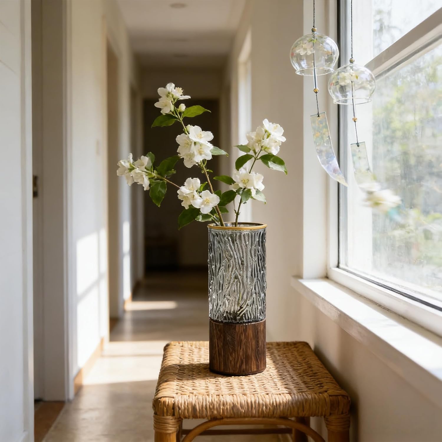 Artistic Wood Glass Vase,Wooden Base,Tall Vases Bottles for Flowers, Entryway, Dining Table, Shelf, Living Room, and Modern Home Decor (Casual)