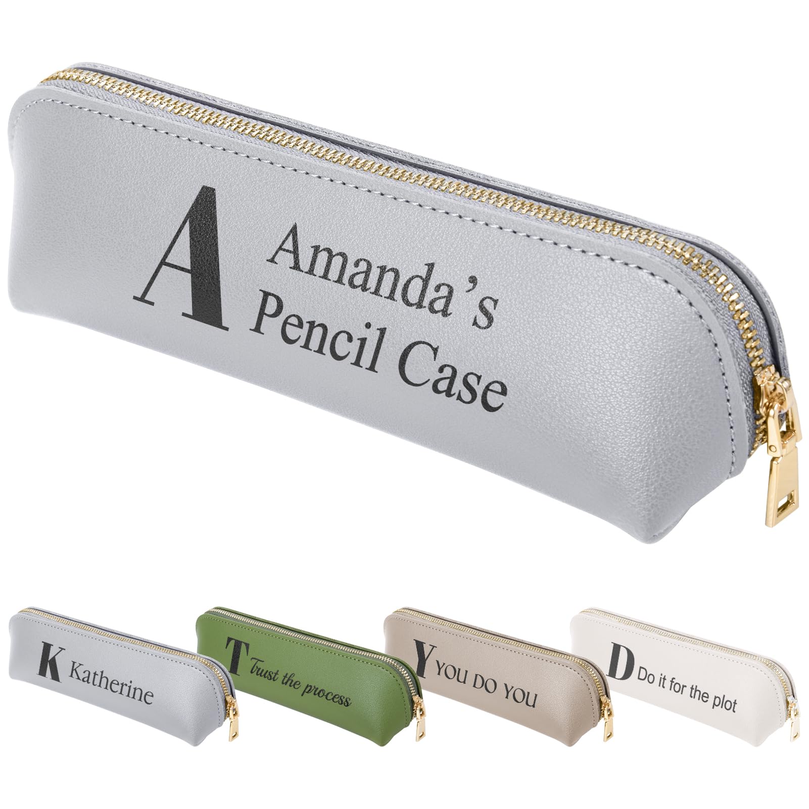 Fyore Bulk Custom Personalised Leather Pencil Case with Initials Name- Slim Pen Bag with Metallic Zipper for Students & Office