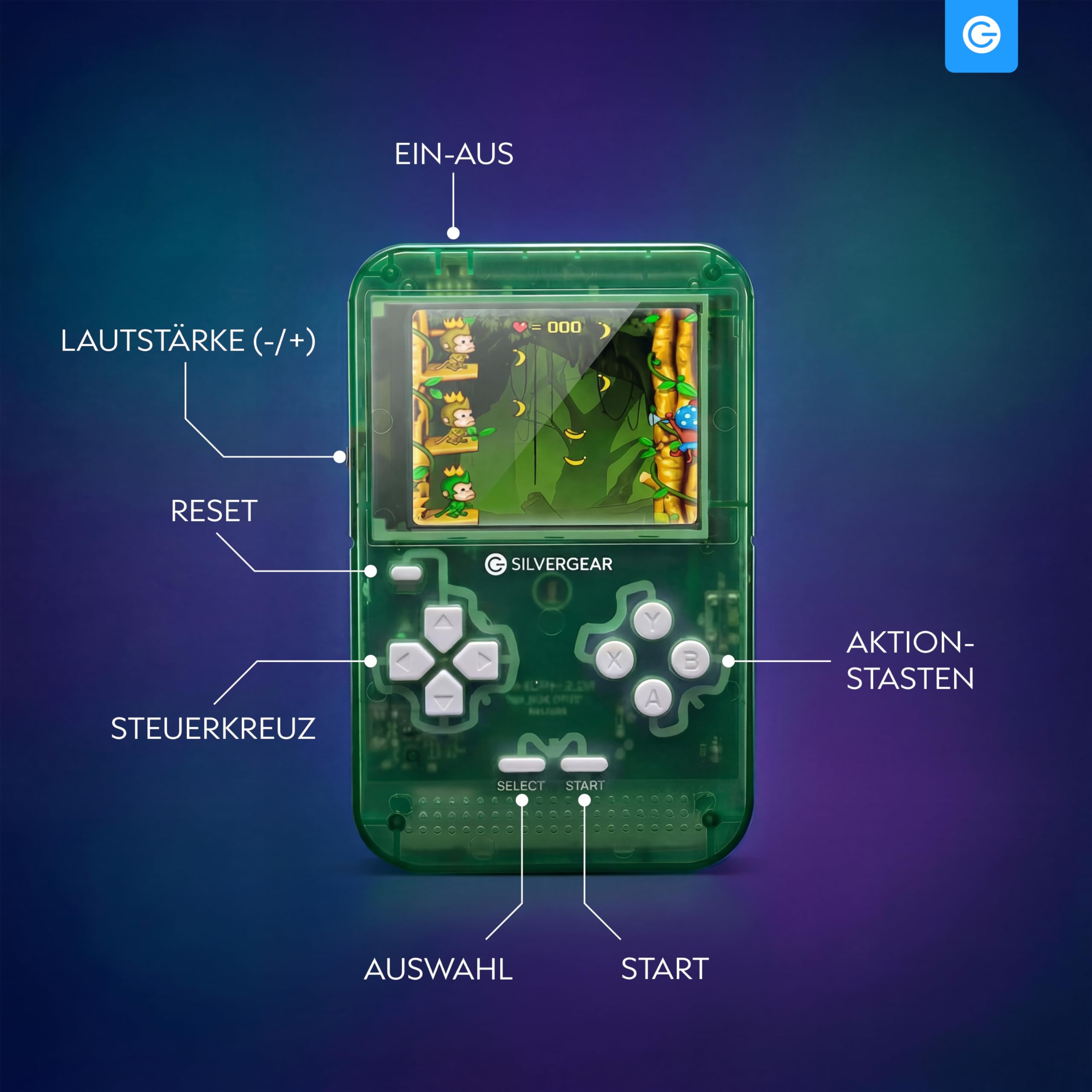Silvergear® Retro Spielkonsole 32-bit | Handheld Konsole mit 150 Spielen | Tragbare Arcade Konsole | 2.8 Zoll LCD Bildschirm | Retro Games & Klassische Spiele | Kinder Spielkonsole | Grün