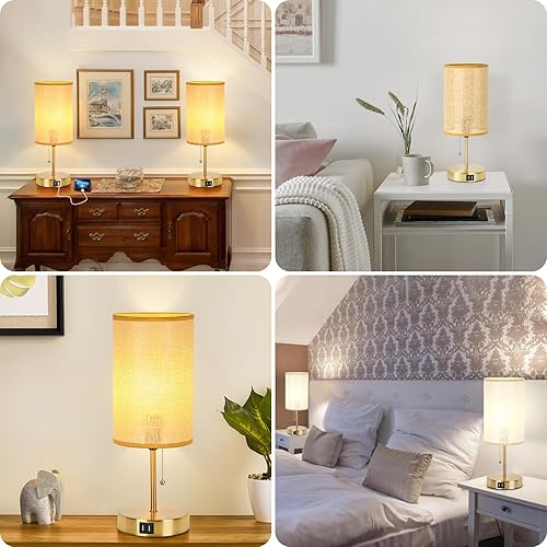 Miniatura 7 de Juego de 2 lámparas de mesa con 2 USB, lámparas de noche vintage para dormitorios, lámparas de mesita de noche con cadena de tracción, lámparas de