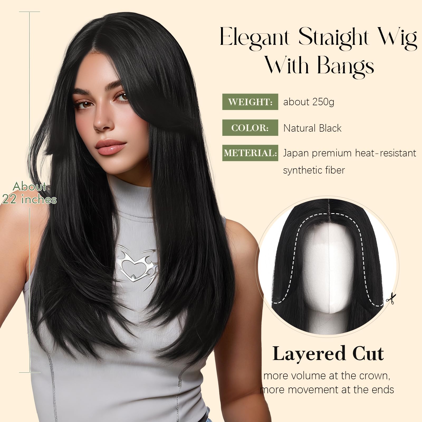 Sofeiyan 55 cm Glatte Perücke mit Curtain Bangs,Langhaar Perücke kleiner Spitzenfront Natürlicher Haarlinie,Naturschwarz Voluminöse Layered Perücken für Damen