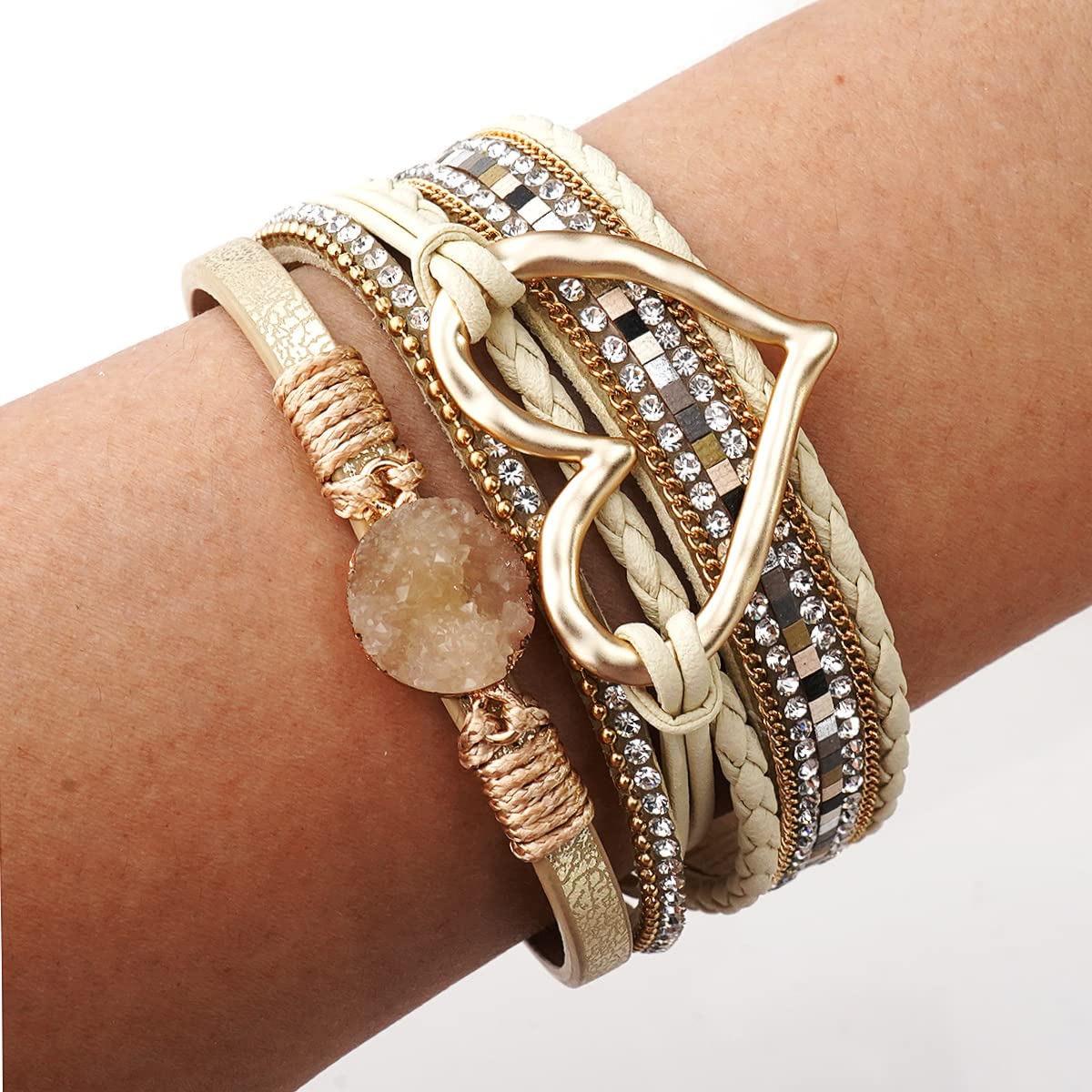 Suyi Multilayer Leather Wrap Bracelet Heart-Shape Wide Cuff Bracelets for Women