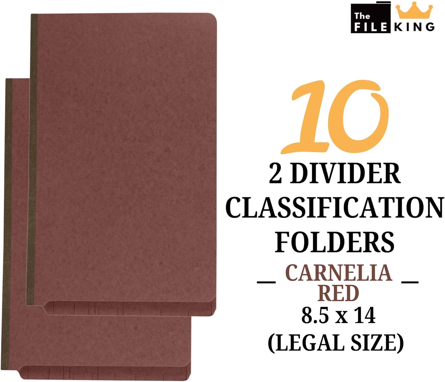 The File King Classification Folders 2 Dividers Legal Size - 10 Pack, Brick Red Pressboard | End Tab Legal File Folders with Prongs | Made in America | 2" Expansion for Shelf Filing | 6 Fasteners