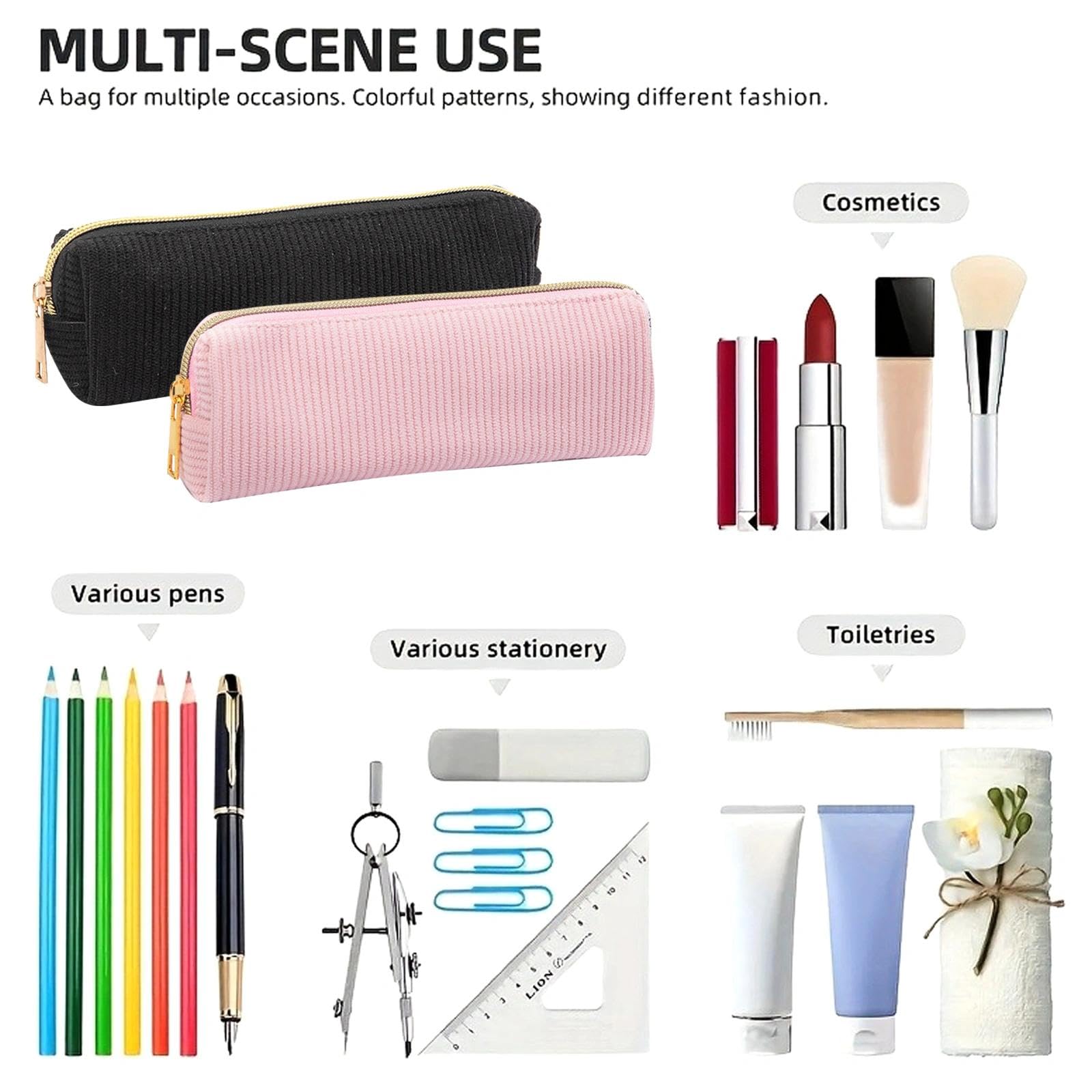 2 Pezzi Astuccio in Velluto a Coste, Elegante Astuccio per Ragazzi e Ragazze, Con Pratica Chiusura Lampo per Scuola, Università e Ufficio (Rosa/Nero)
