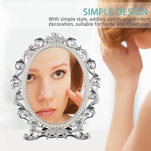 Miniatura 4 de Beaupretty Espejo de maquillaje vintage, espejo de cosméticos vintage, espejo de tocador de escritorio, espejo de belleza de perlas, espejo de mesa