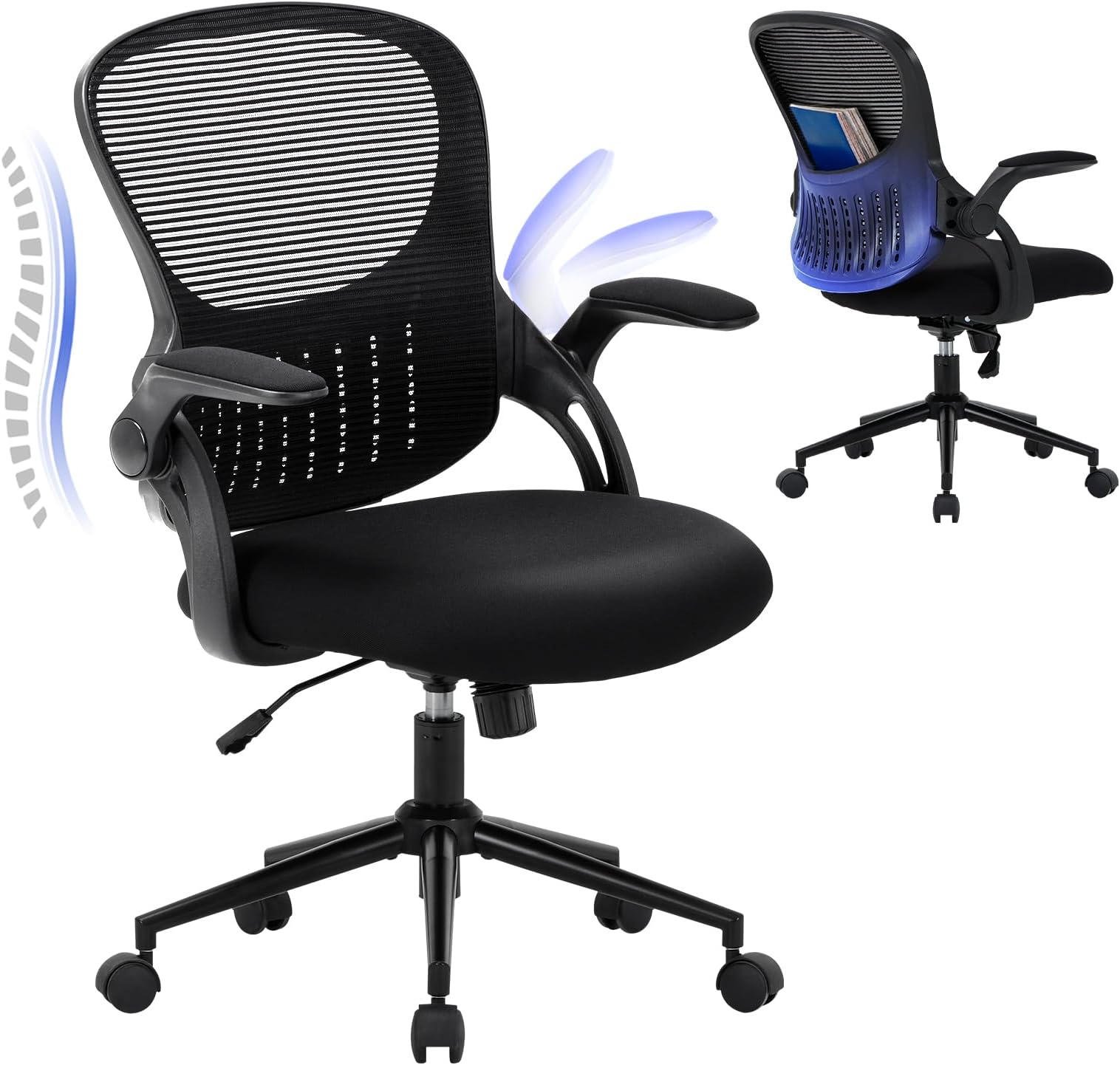 COLAMY Office Chair with Padded 90° Flip-up Armrest, Lumbar Support, Height Adjustable Ergonomic Desk Chair, Executive Swivel Rolling Computer Chair, Comfy Seat Cushion for Home/Office (Black)