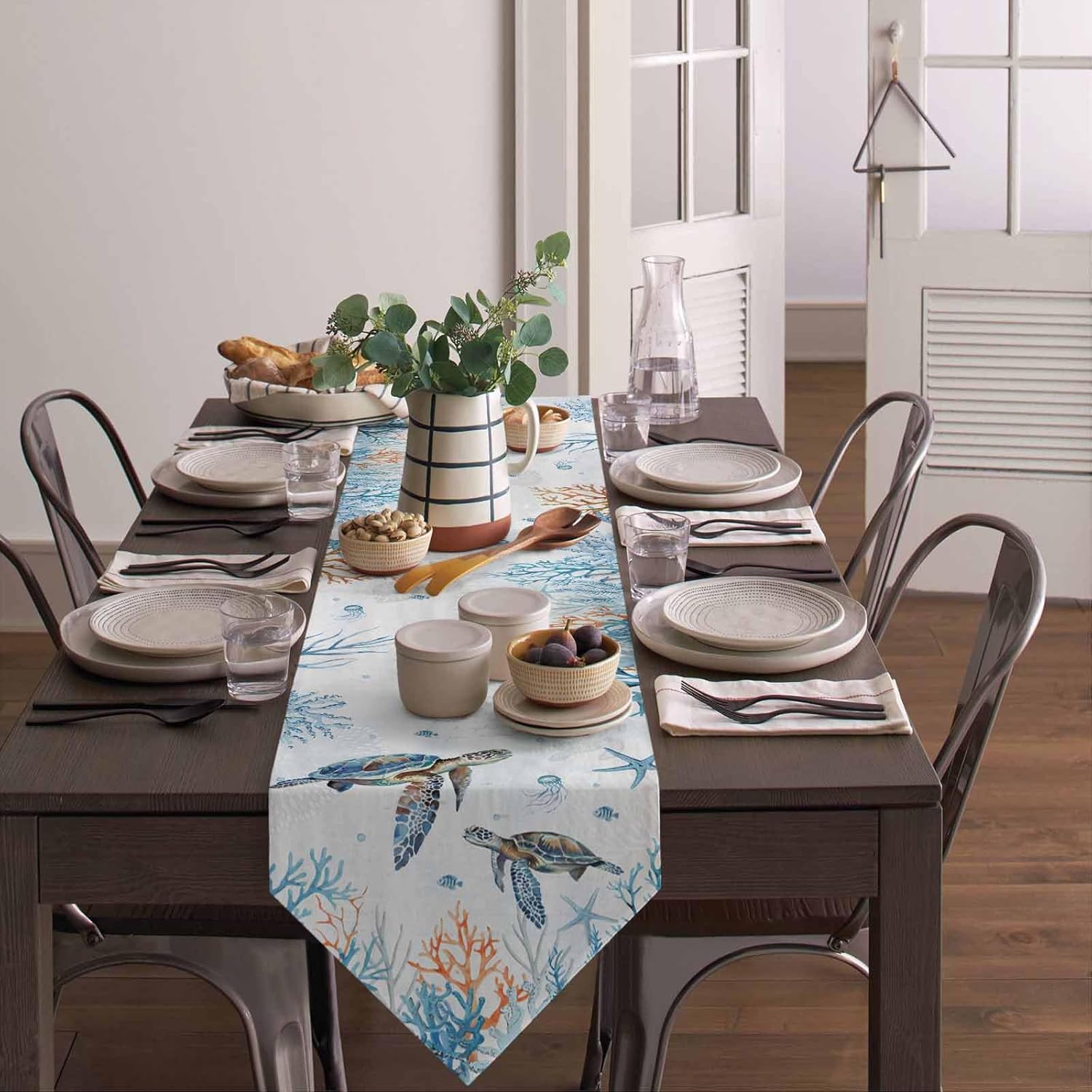 Table Runner Ocean Sea Turtle Coral Seagrass Underwater World Non-Slip Table Runners 108" L, Heat Protection Table Protector for Kitchen Dining Table Decor
