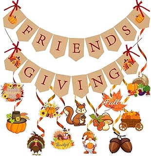 Friendsgiving Decorations, Thanksgiving Decorations, Friendsgiving Banner Sign Thanksgiving Banner with 12pcs Hanging Swirls Bows Fall Decorations for Home Indoor Outdoor Friendsgiving Party Favors