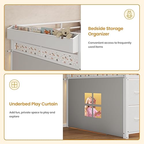 Miniatura 8 de ADORNEVE Cama baja tipo loft tamaño individual con 7 cajones de almacenamiento, estantería y luces LED, cama alta de metal para niños con barandilla