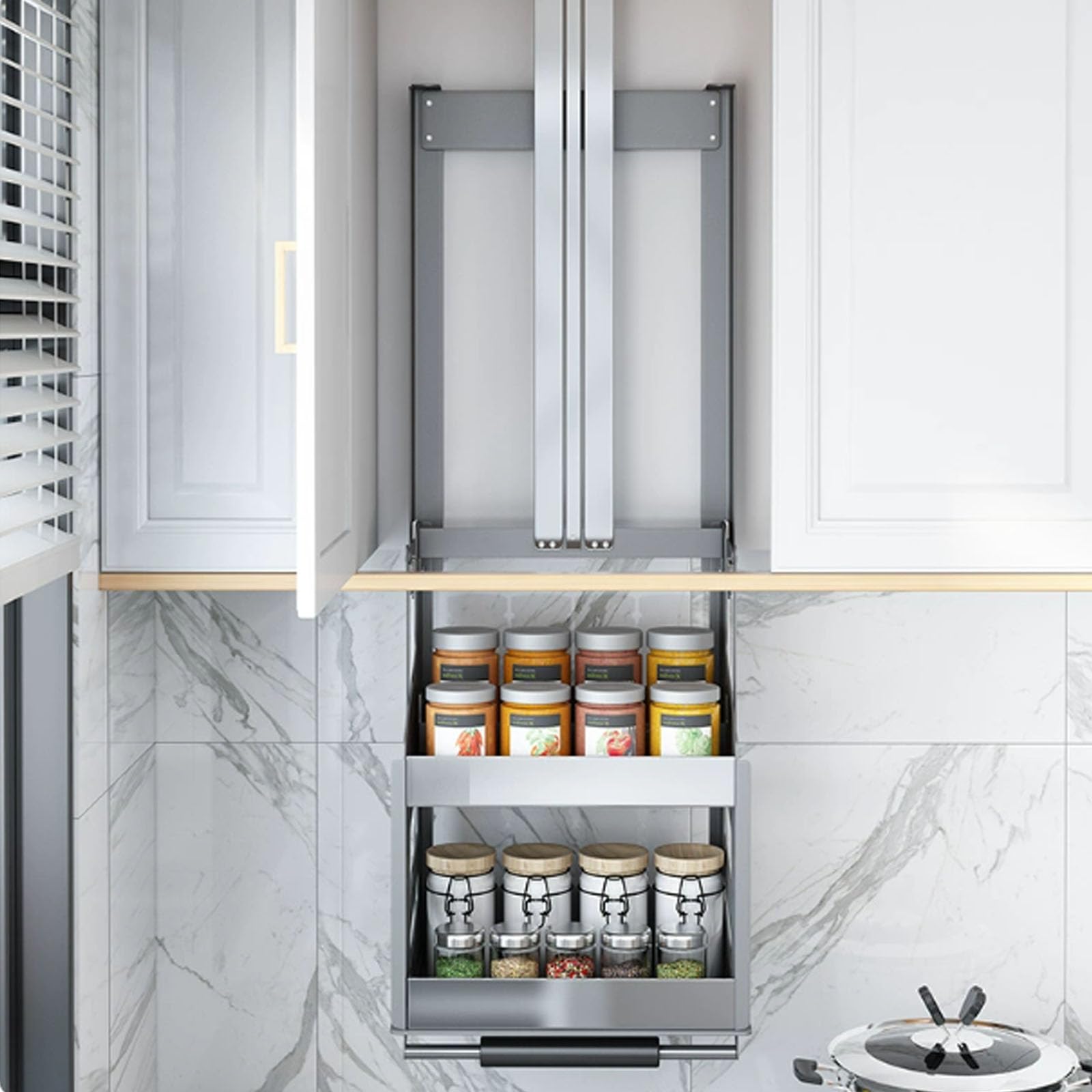 Drop Down Kitchen Spice Rack Double-Tier Double-Tier Pull Down Cabinet Organizer 304 Stainless Steel Construction 52/62cm Height Space-Saving Design Suitable for Kitchens 450x280x620mm/17.7x11x24.4in