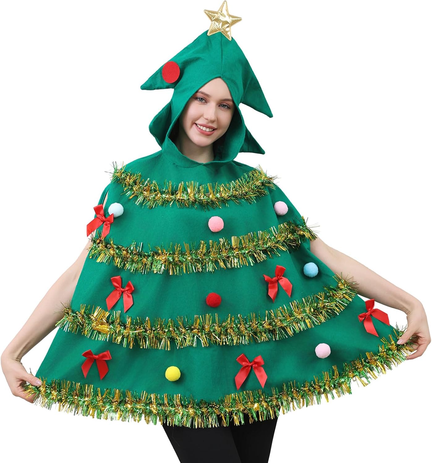 1 PCS Christmas Tree Costume for Adults Hooded Cloak Christmas Poncho Cape Funny Xmas Outfit Christmas Cosplay Party