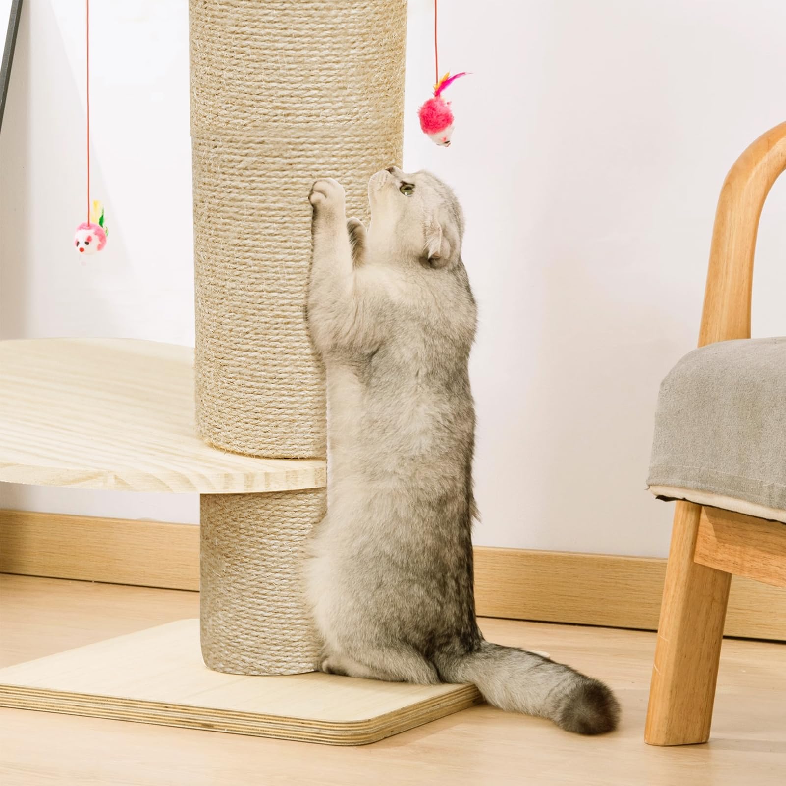 Katzenbaum von Boden bis Decke, höhenverstellbar – 6-Etagen Kratzpfosten aus Hanf für Innen- und Außenbereich – Stabiler Kletterturm für Große Katzen (1 Set) 1 Set