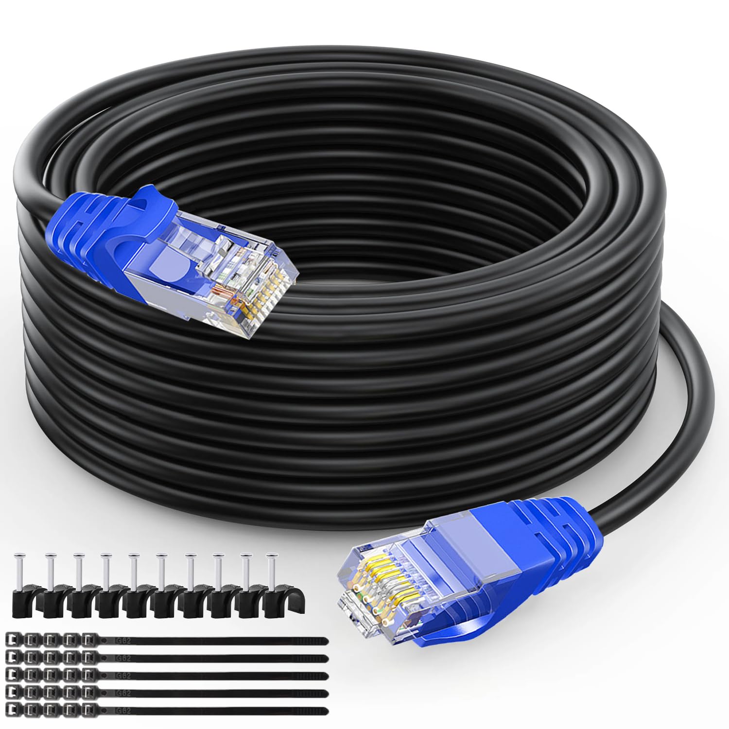 Cat6 Outdoor Ethernet Cable(300 Feet) Heavy Duty Outdoor Grounded Waterproof Buried-able UV Resistant Network Cord,RJ45 Patch Cable Support Cat6,Cat5E,Cat5-Include 25 Ties and 50 Cable Clips