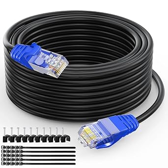 Cat6 Outdoor Ethernet Cable100 Feet Heavy Duty Outdoor Grounded Waterproof Buried-able UV Resistant Network Cord,RJ45 Patch Cable Support Cat6,Cat5E,Cat5-Include 25 Ties and 50 Cable Clips