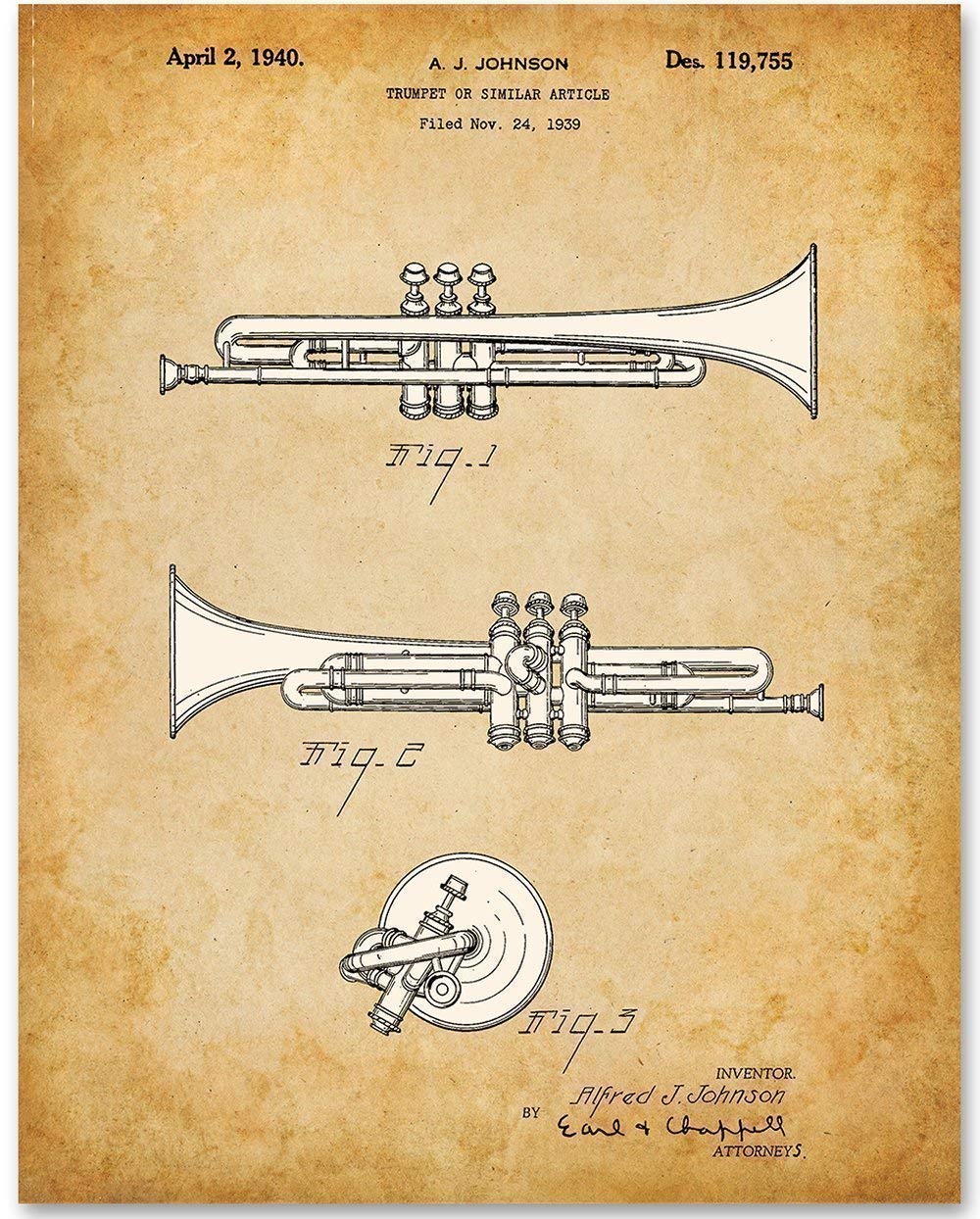 Amazon.com: Lone Star Art Trumpet Patent Print, 11x14 Unframed