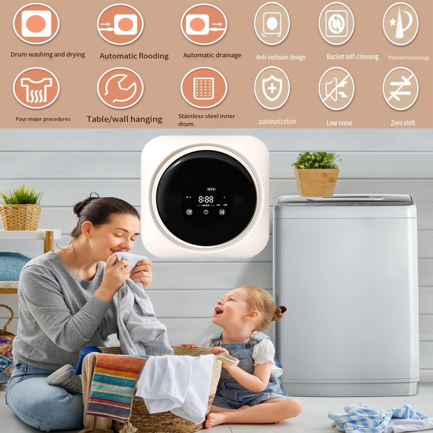 Lavadora Portátil - Lavadora Portátil Totalmente Automática con Función De Autolimpieza De Tambor - Mini Lavadora De Calcetines De 3,5 L - Secadora De Ropa Pequeña De Pared Wallhanging