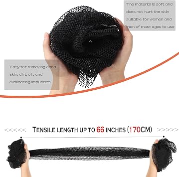 African Net Long Bath Net Sponge, Bathing Body Exfoliating Shower Body Back Scrubber Skin Smoother,Stretch Length to 66 INCH (Black)