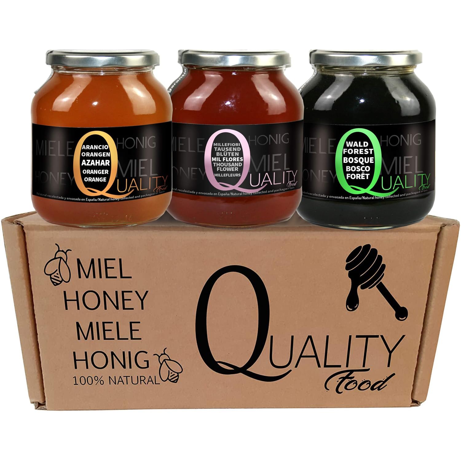 Miel d'abeille 100% pur. Miel cru sans pasteurisation ni chauffage. Pack cadeau et dégustation 3x500g. Bocal en verre. Origine Espagne.