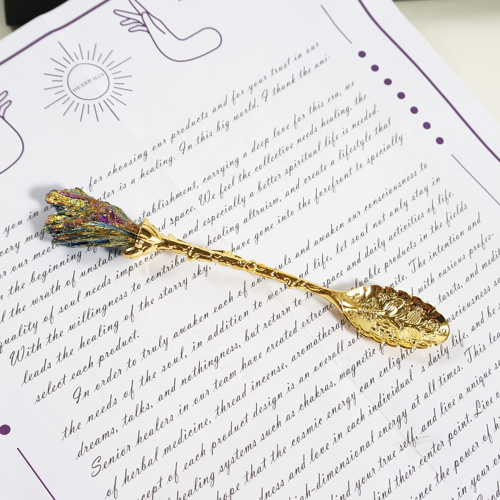Soulnioi Vintage Carved Crystal Spoons Retro Decorative Coffee Stirring Spoons Dessert Spoons Ice Cream Spoon with Malachite Blue Flame Feather Head for Cafe Office Tableware -Gold - Image 4