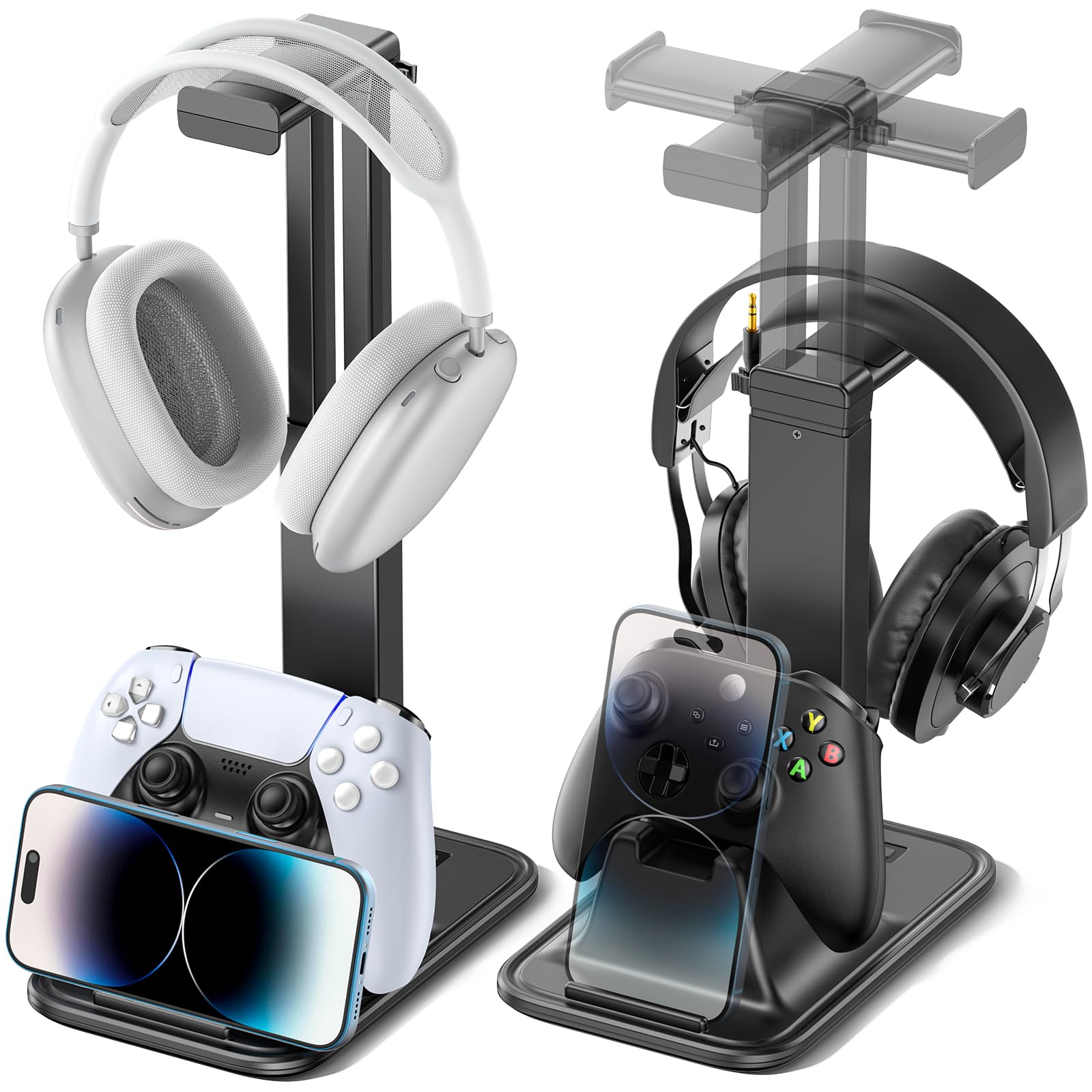 Gaming Headset Controller Stand Rotating Headphone Storage with Controller Phone Holder Game Desk Storage with Cable Organizer for