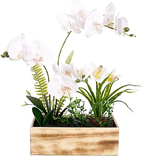 Arreglo de orquídeas artificiales de 20 pulgadas con maceta rústica Phalaenopsis, flores falsas que se ven reales para la decoración del hogar y la