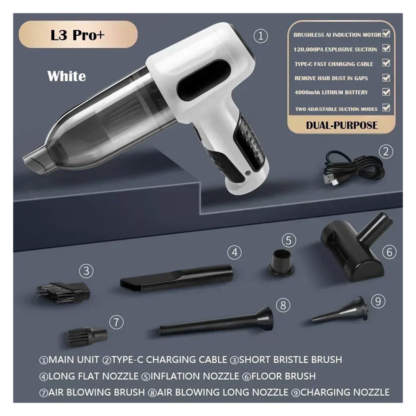 Odkurzacz Samochodowy 120000PA Silne Ssanie Dwufunkcyjny Accessoire Voiture Ręczna Bezprzewodowa Mini Dmuchawa Do Sprzętu Domowego(L3 Pro White)