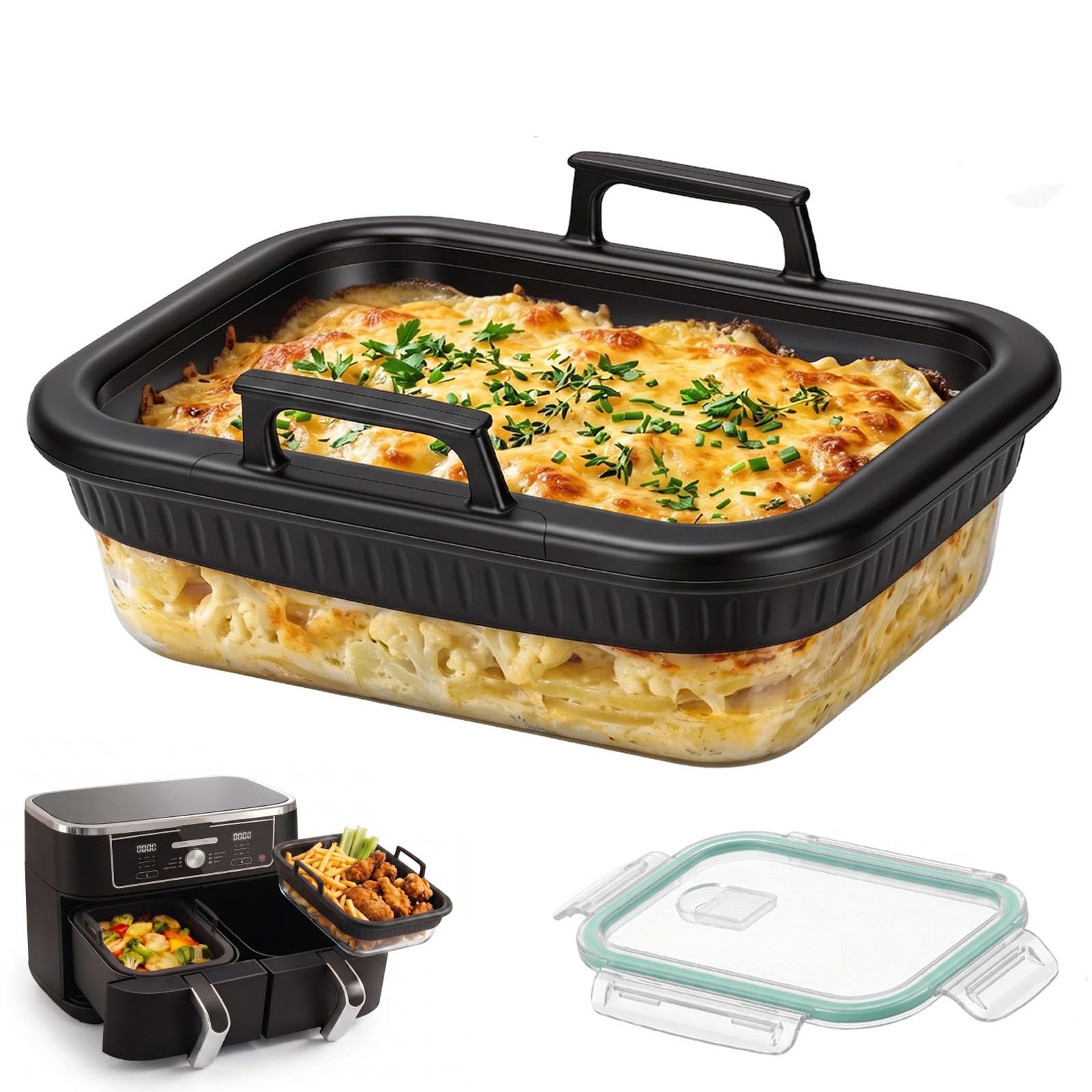 Simpolor Glas Auflaufform für Airfryer,Heißluftfritteuse Airfryer Zubehör für Ninja AF400EU/AF500EU/SL400EU,BPA-frei,Hitzebeständig,Herausneh Silikonring&Deckel,Spülmaschinengeeignet 1 Stück