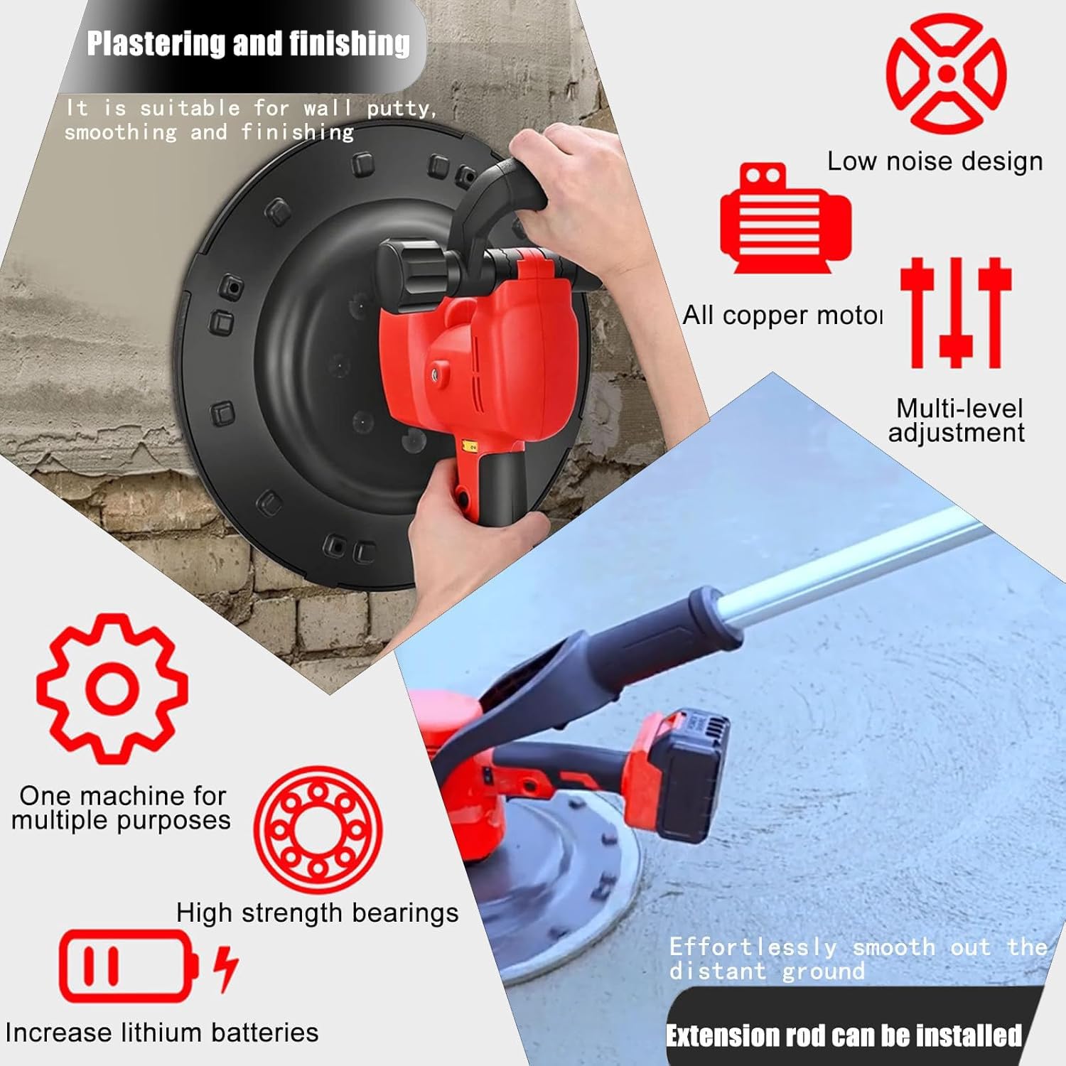 Lijadora De Yeso De 1680 W, 6 Velocidades Variables, 5 Discos De Lijado, Lijadora Eléctrica De Yeso con Mango Extensible para Paredes, Techos, Pisos, Hogar Y Construcción.,15000mA*2