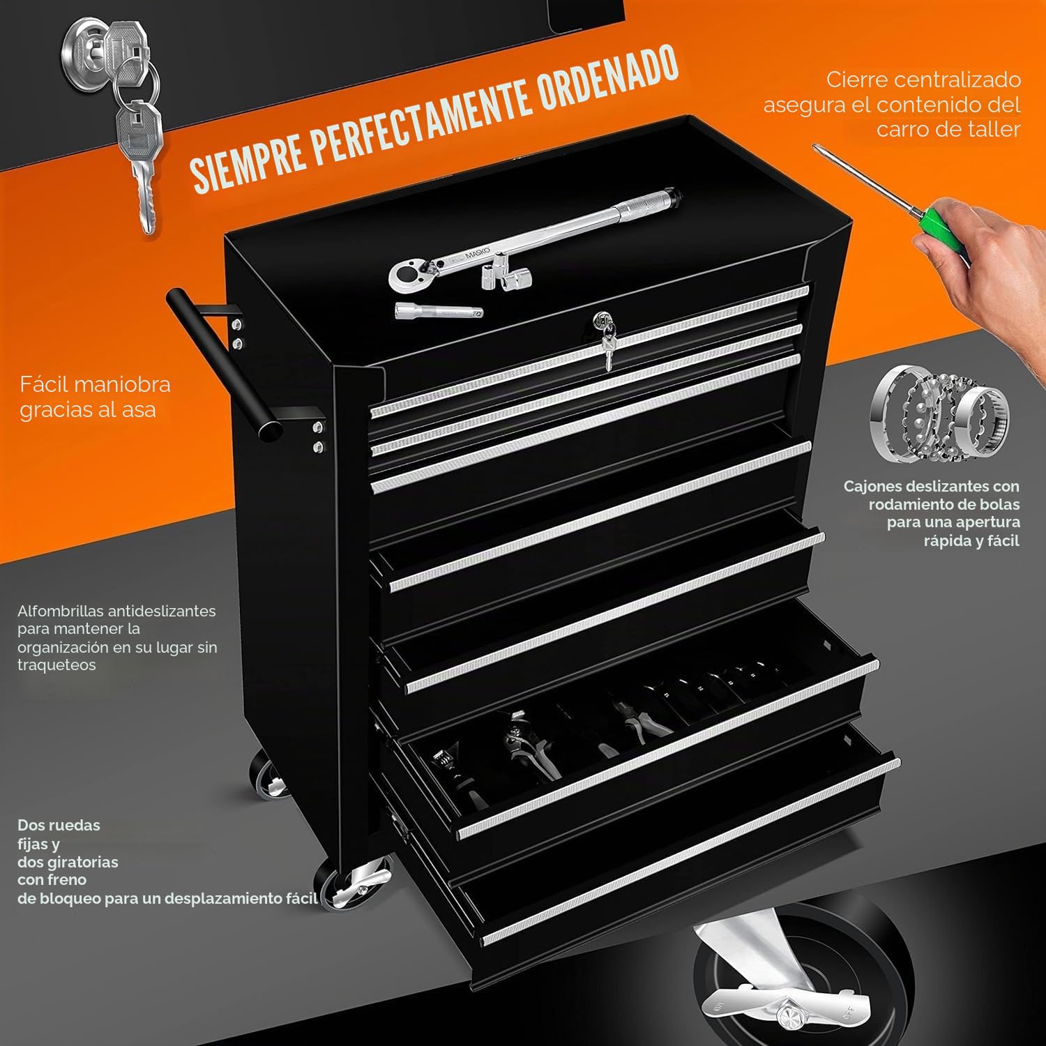 Masko® Carro de taller para herramientas, con 7 cajones, negro, metal macizo, profesional, portátil, con ruedas, bloqueable, con cerradura, no incluye herramientas