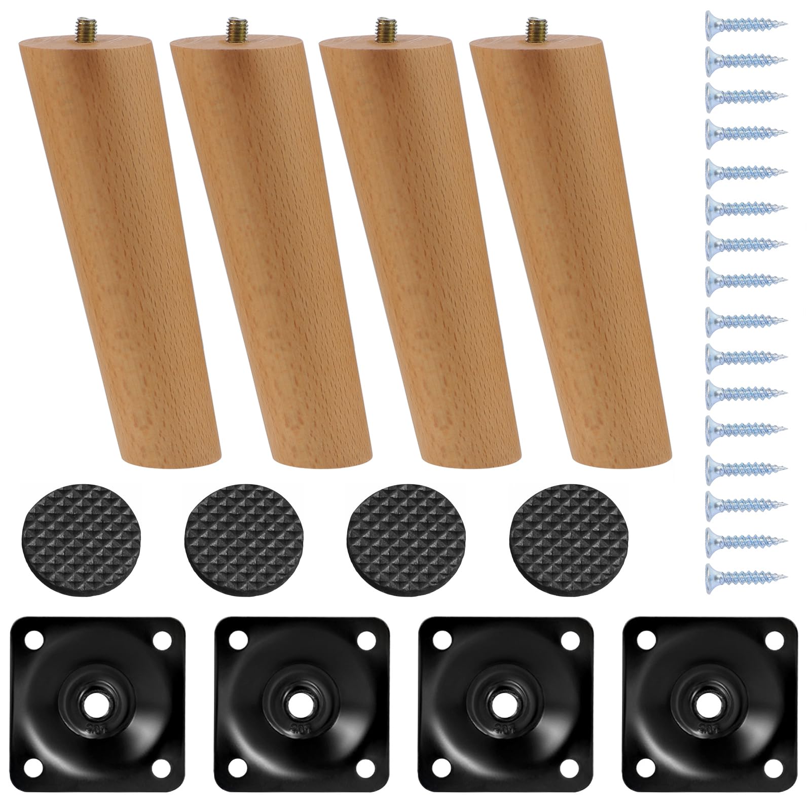 Massief Houten Meubelpoten, Vervangende Bankpoten Houten Tafelpoten voor Salontafel met Rubberen Bescherming Pad Schroeven Montageplaat 4 Stuks (15cm(5.9in