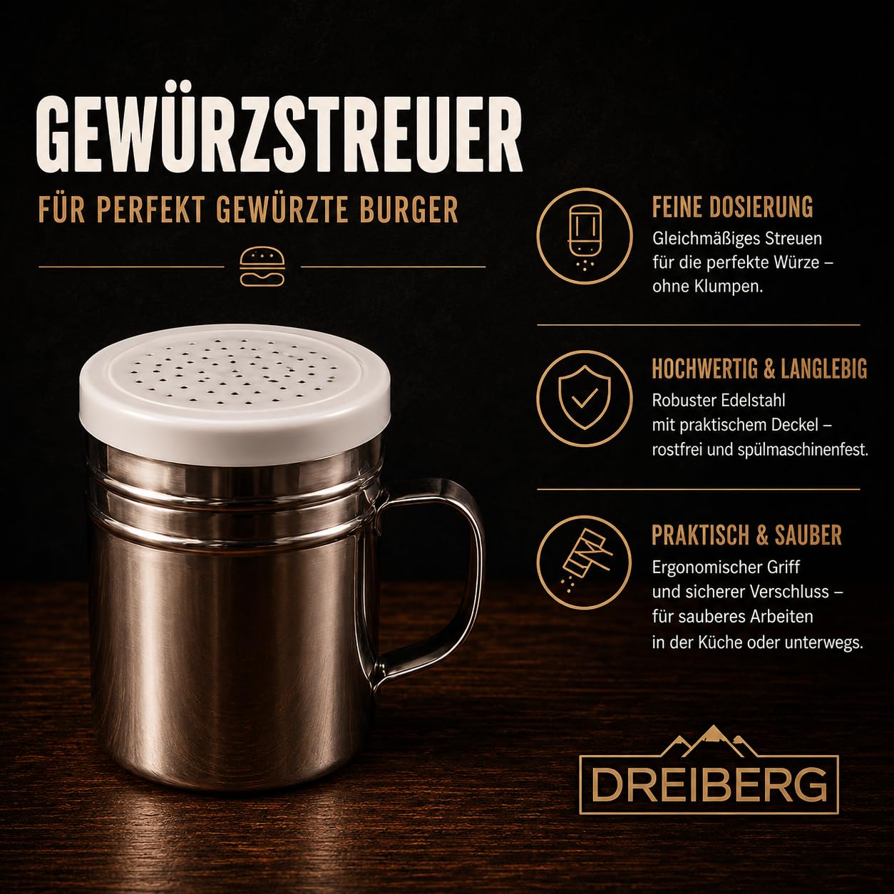 DREIBERG® Smash Hamburger Set in acciaio inox per plancha, barbecue a gas, teppanyaki con spatola per barbecue, carta hamburger, campana da scioglimento, pressa per barbecue, spargere spezie e