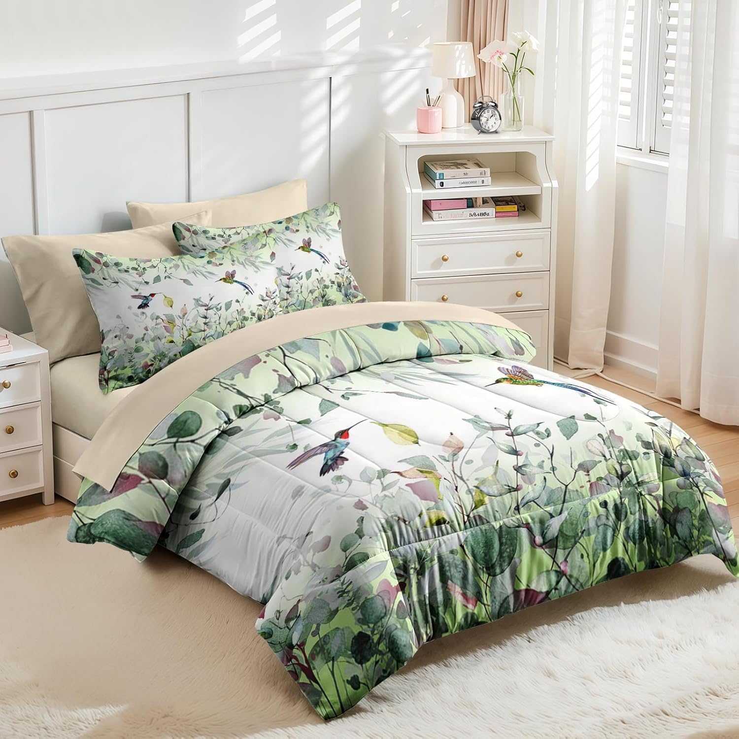 Nesker Spring Comforter Set Full Size, Hummingbird Greenery Leaf 7 Pcs Bedding for Kids and Adults, Watercolor Nature Bed Sheet Sets with Fitted Sheet 2 Pillowcases & 2 Shams