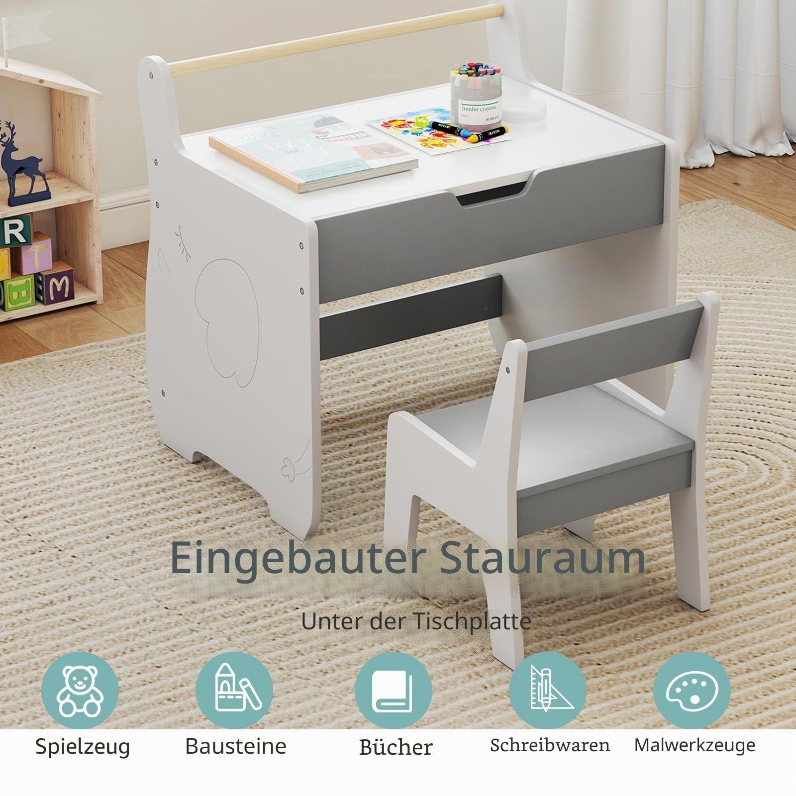 LIFEZEAL Kindertisch mit Stuhl, Abnehmbarer Kinderschreibtisch mit Stauraum, Kindersitzgruppe mit doppelseitiger Tafel, Kinder Tisch Stuhl Set zum Spielen, Lesen, Malen, Essen (Grau + Weiß)