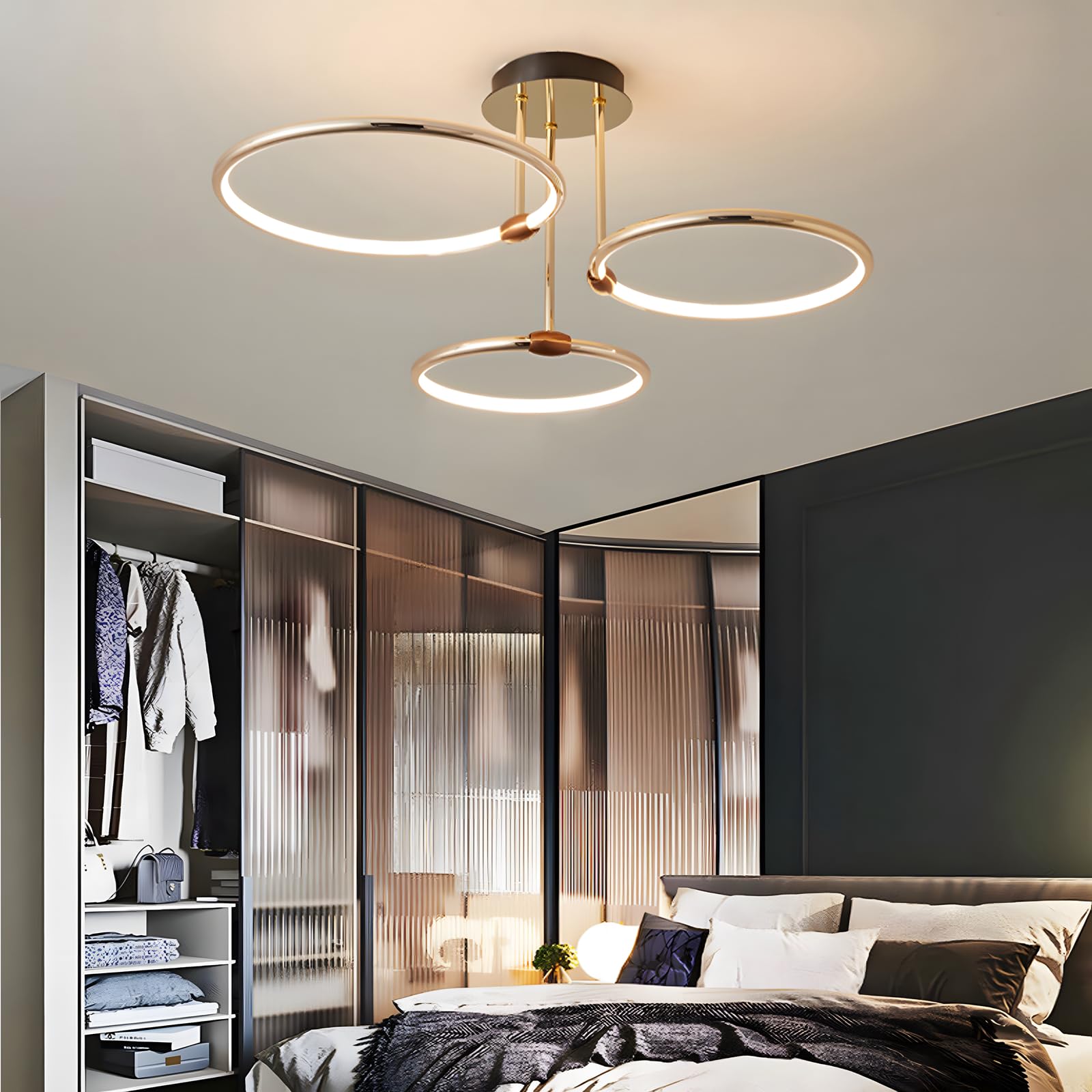 3 Anelli Rotondi Design Oro LED Plafoniera, Lampadario Ø56cm | 60W Dimmerabile Continuo, Pendente Placcato In Metallo Creativo, Lampada Moderna Per Soggiorno In Camera Letto Studio Ufficio