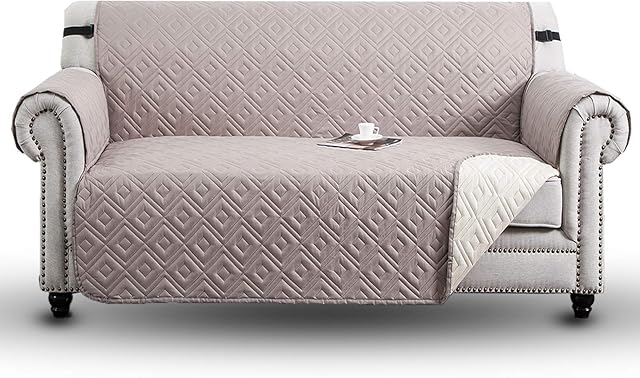 Hafaa Sofa Cover 3 Seater - Waterproof Sofa Slipcovers Reversible Furniture Sofa Protectors from Pets with Adjustable Elastic Straps and Hooks Embossed Quilted Couch Covers - Beige & Cream