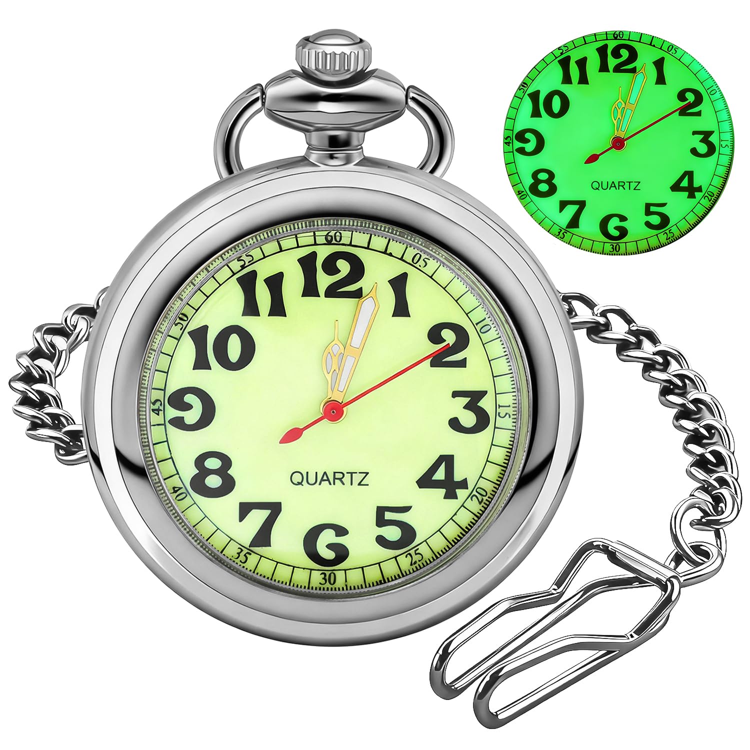 Silver Yellow Classic Shiny Arabic Numeral Men's Quartz Pocket Watch, Quartz Movement with Chain-Silver Yellow-image-4