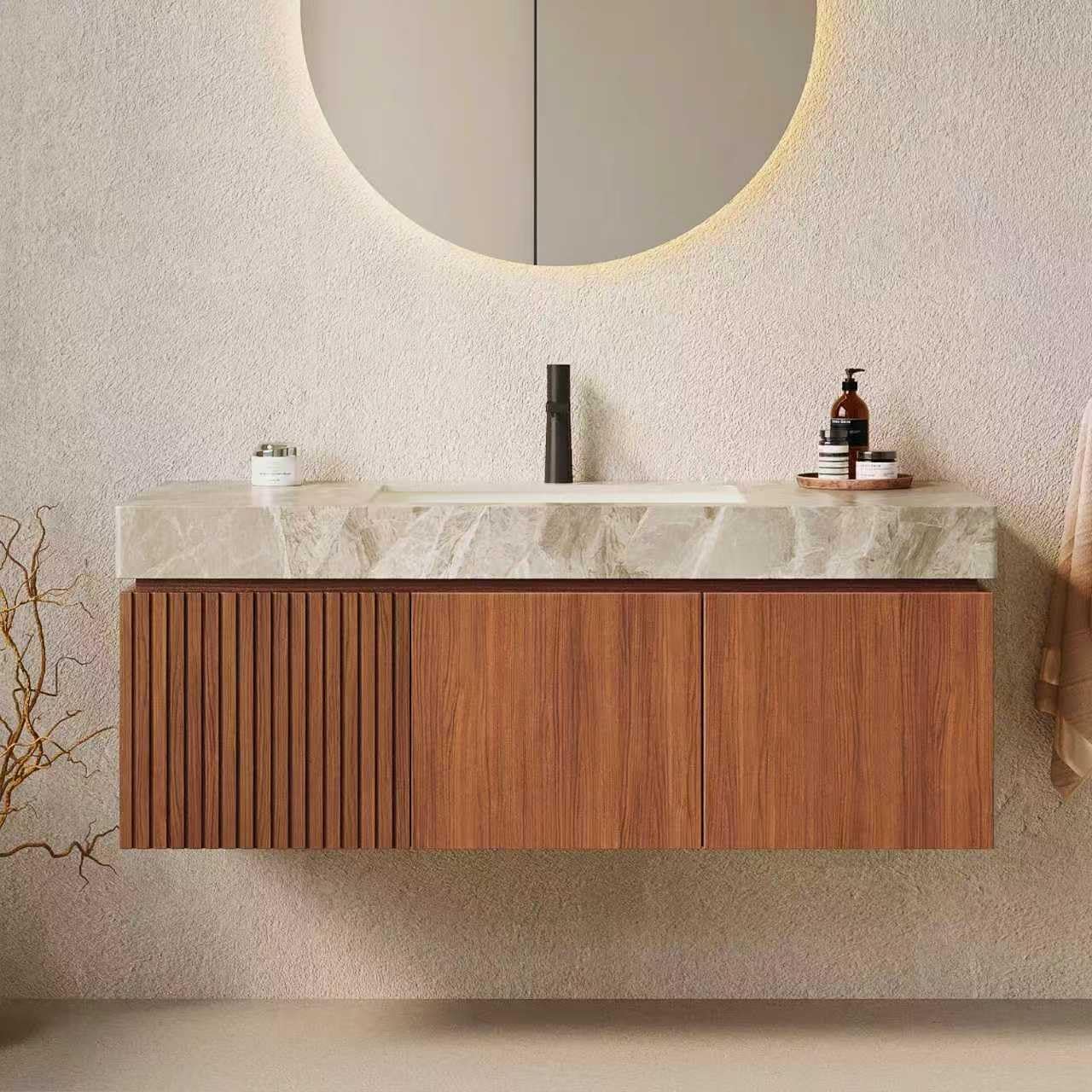 48" Bathroom Vanity with Sink, Wall-Mounted Plywood Bathroom Storage Cabinet with Drawer and Doors, Light Gray Sintered Stone Countertop and Ceramic Basin, Pre-assembled, Espresso Woodgrain