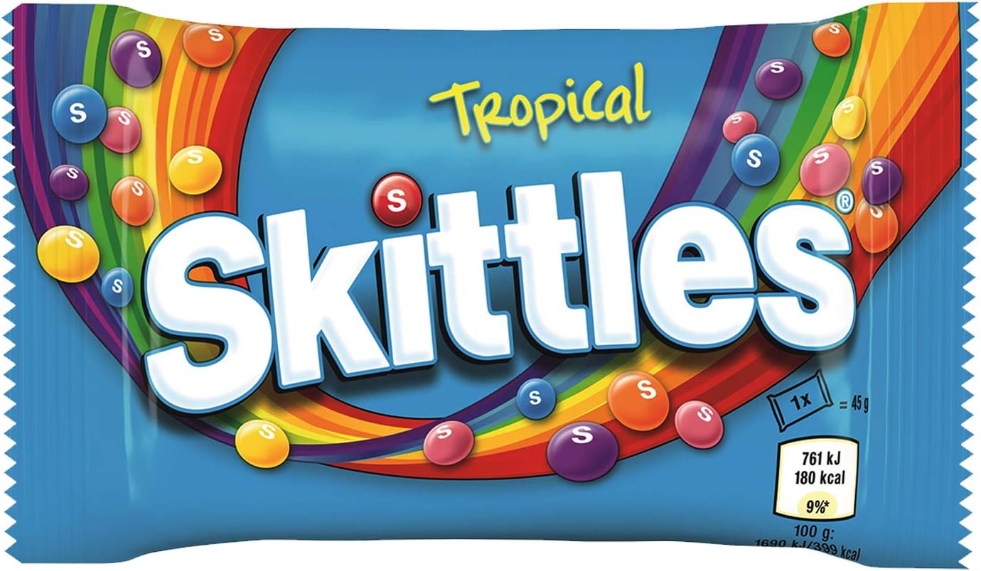 SKITTLES Tropical – Fruit-Flavoured Vegan Sweets - Individual Bag - 45g - Ideal for Sharing, Movie Nights & Party Bags