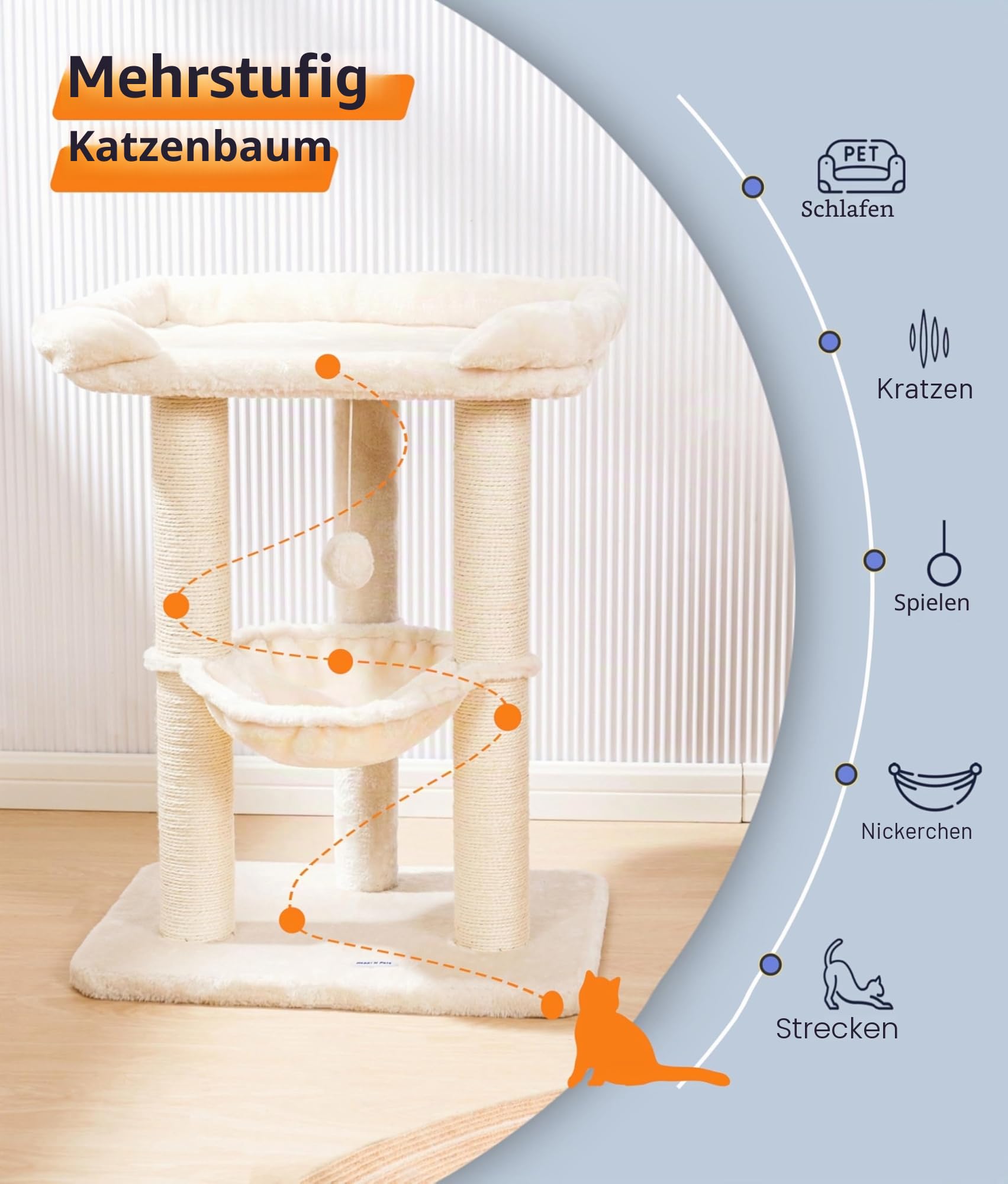 Happi N Pets 71CM Kratzbaum für Katzen, Hoher Kratzstamm mit großem Bett für große Katzen, Sisal-Kratzbaum mit weicher Liegefläche & Hängematte, Stabiler Katzenbaum, Abnehmbarer Bezug-Beige