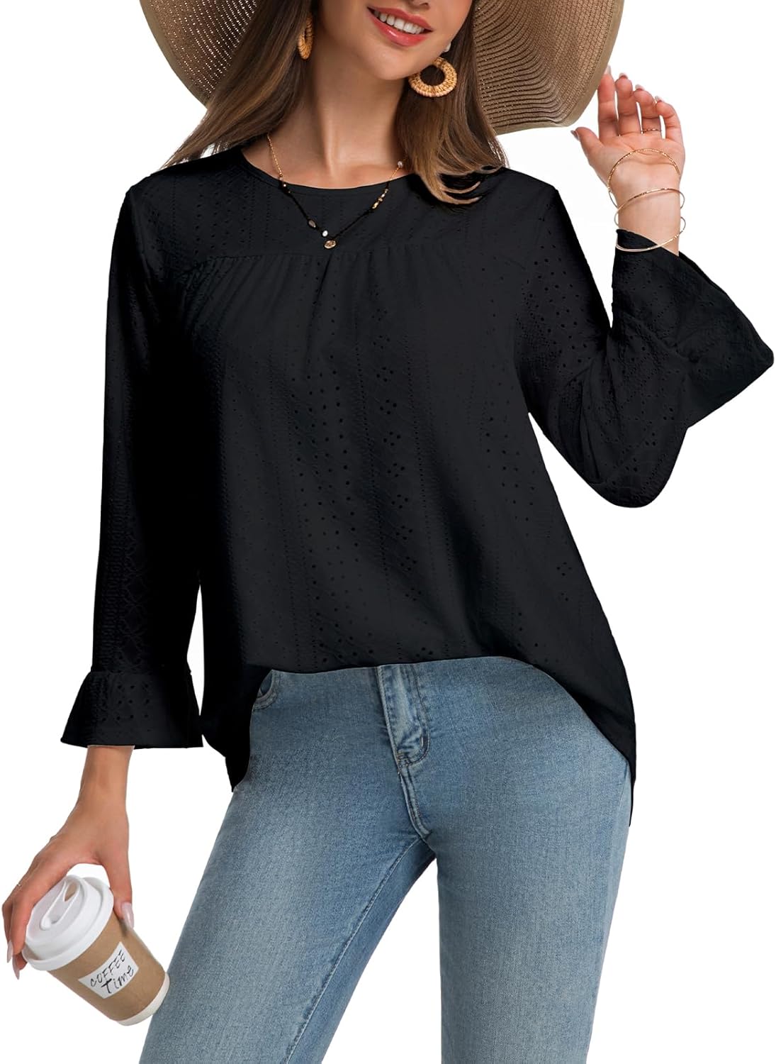 Women Boho Double Layered Crewneck Tunic Eyelet Tops Loose Fit Dressy Cute 3/4 Sleeve Casual Blouses Shirts 2026 - Image 5