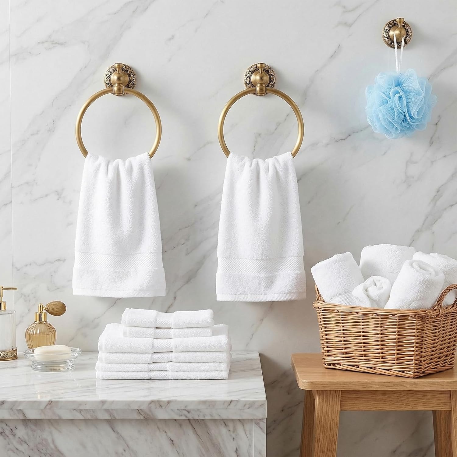 Hicarer 2 Pcs Brass Towel Ring Retro Gold Round Hand Towel Holder Wall Mounted Vintage Decorative Bathroom Accessories Brass Embossed Petal Series for Bathroom Kitchen Accessories Handmade