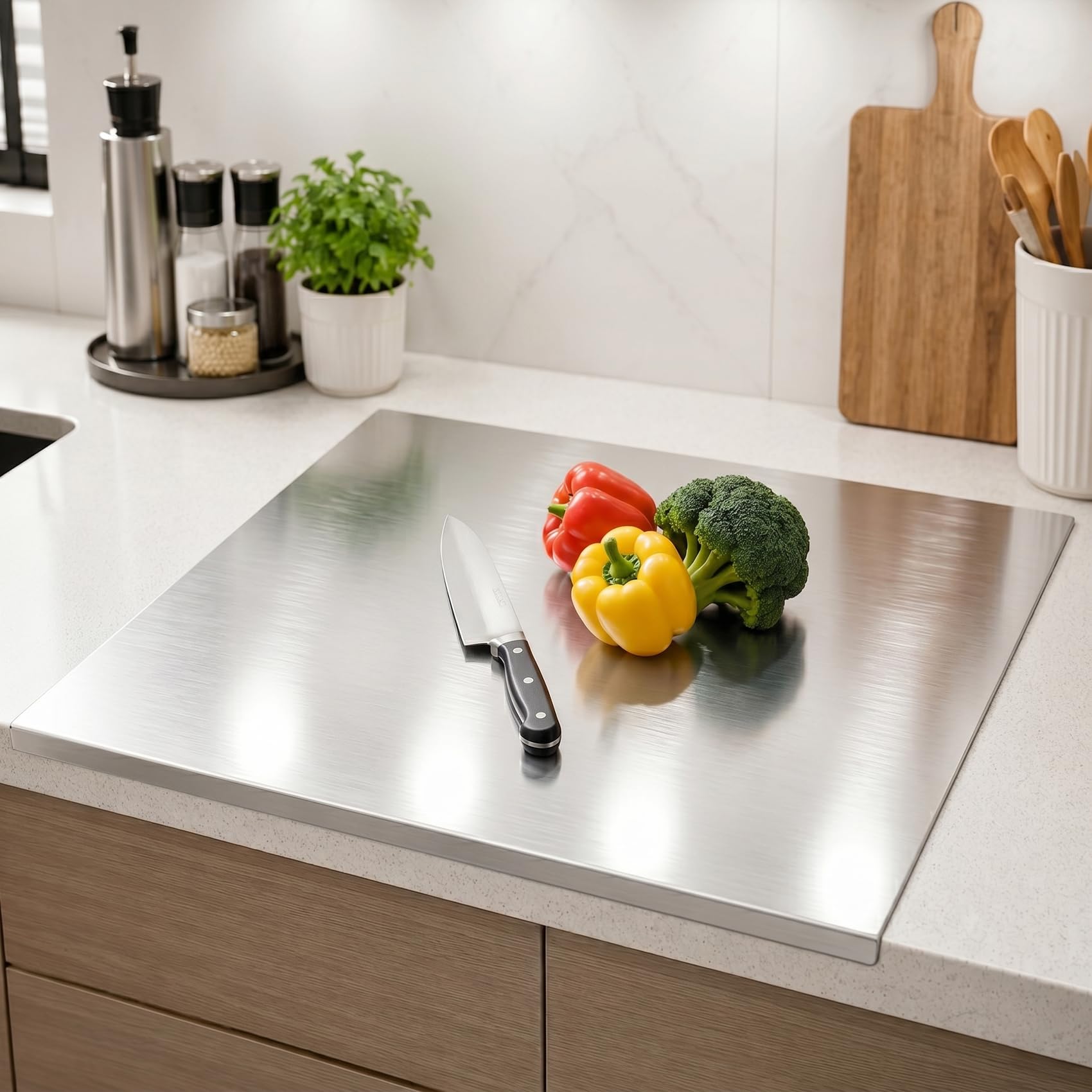 stainless steel cutting board with lip, 19.6 x 15.7 inch large metal chopping board for kitchen food prep, meat, fruits, vegetables & baking