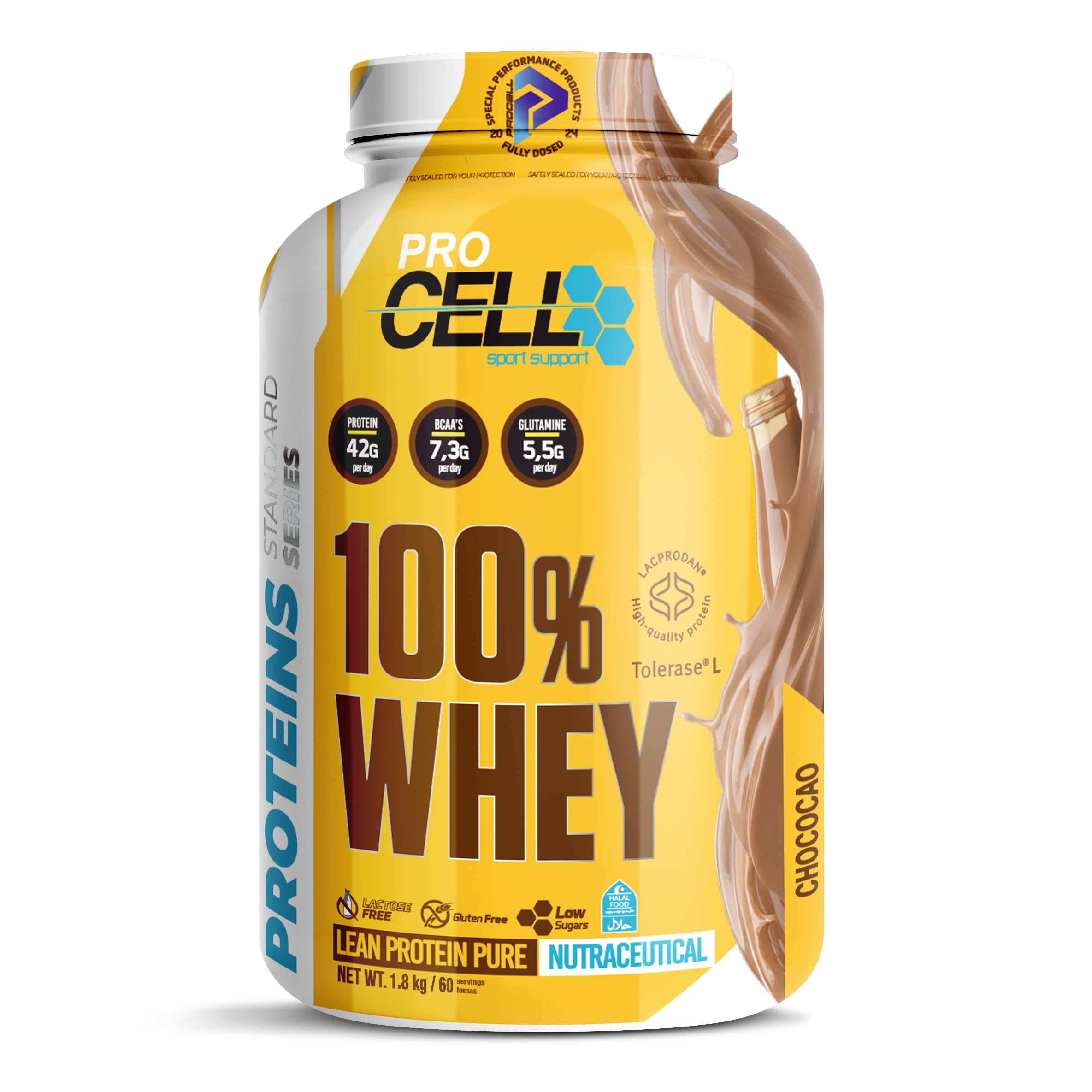 ProCell Proteína Whey 1,8Kg 100% Proteína de Suero Concentrada (Chococao) Con BCAA y Glutamina, Sin Gluten, Sin Lactosa y Bajo en Azúcares (60 Servicios)
